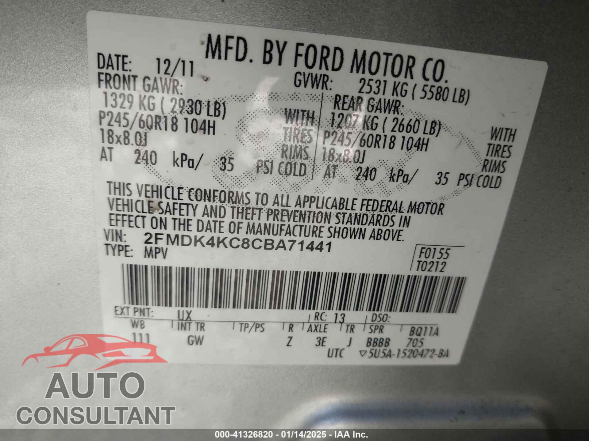FORD EDGE 2012 - 2FMDK4KC8CBA71441