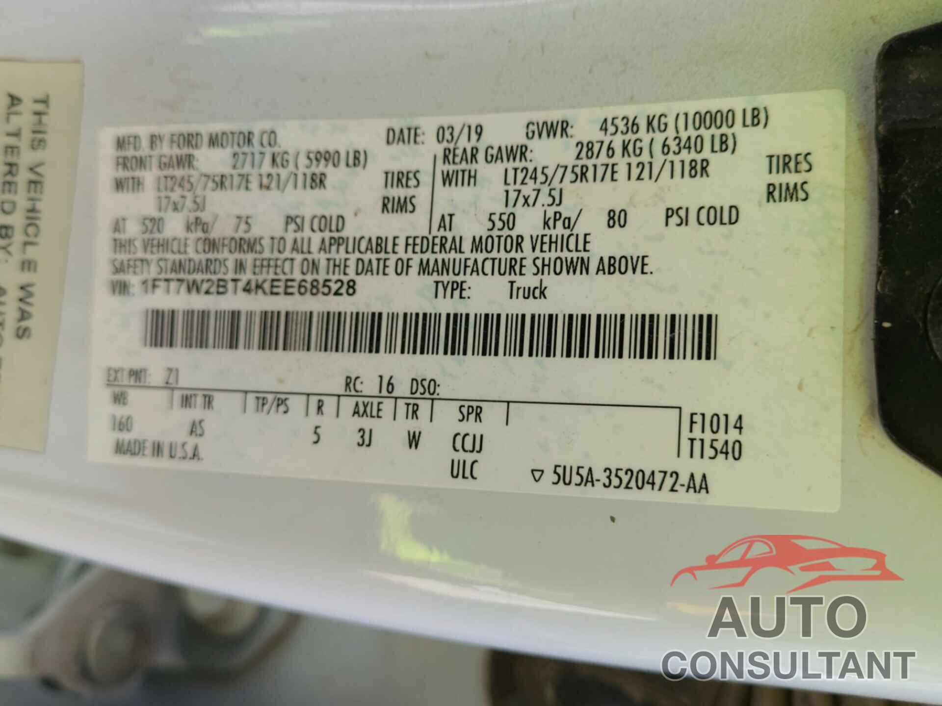 FORD F-250 2019 - 1FT7W2BT4KEE68528