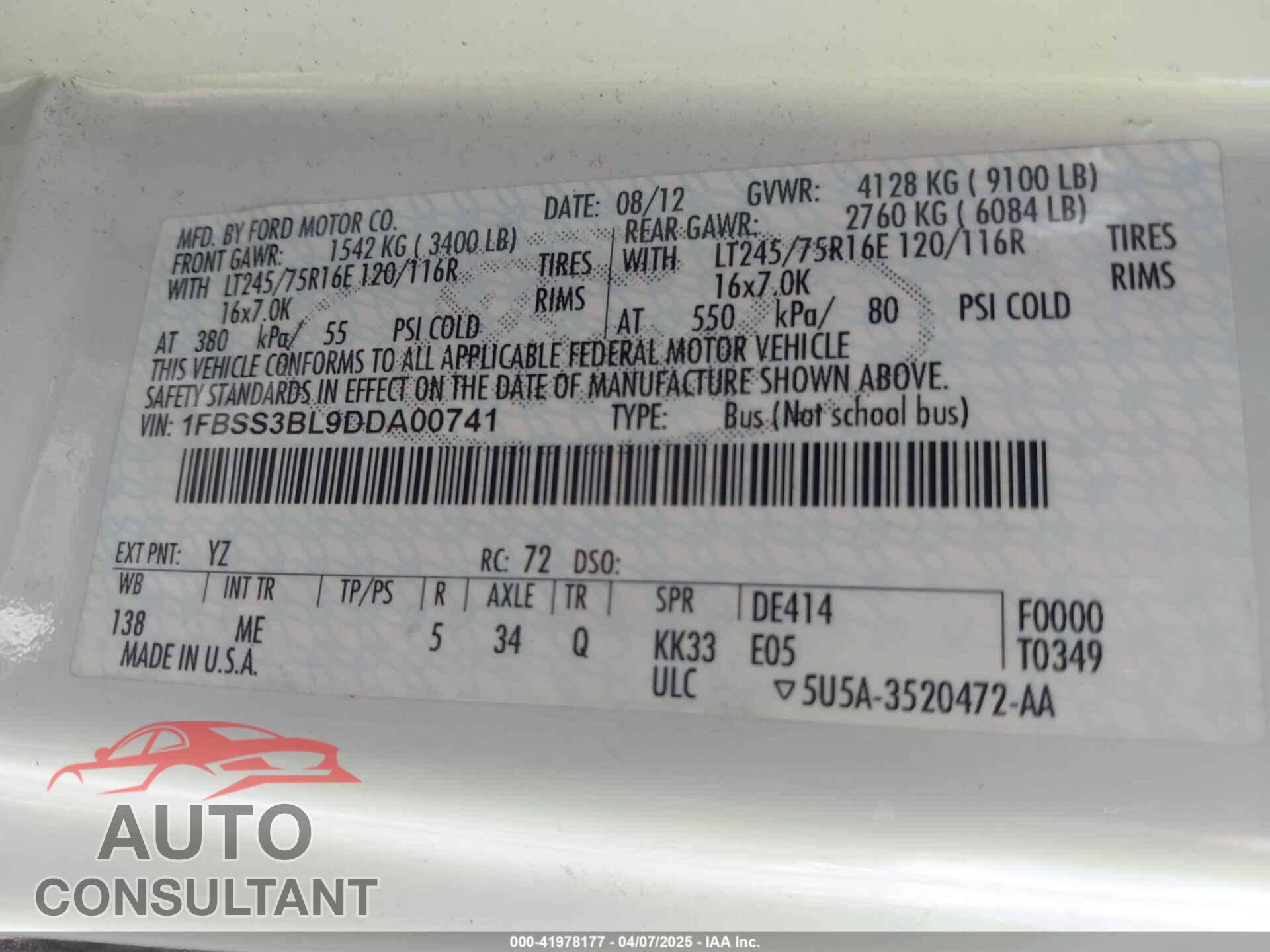 FORD E-350 SUPER DUTY 2013 - 1FBSS3BL9DDA00741