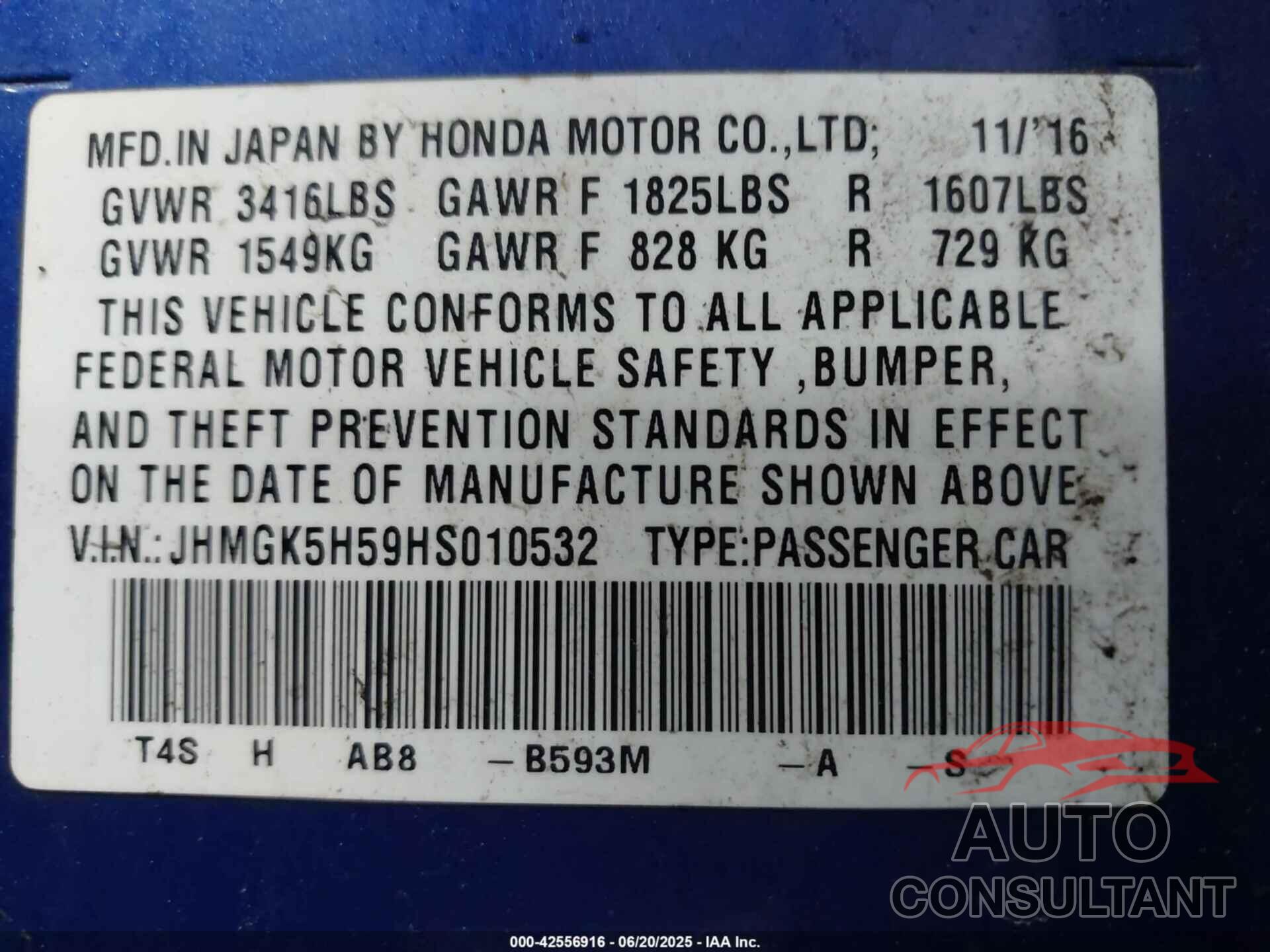 HONDA FIT 2017 - JHMGK5H59HS010532