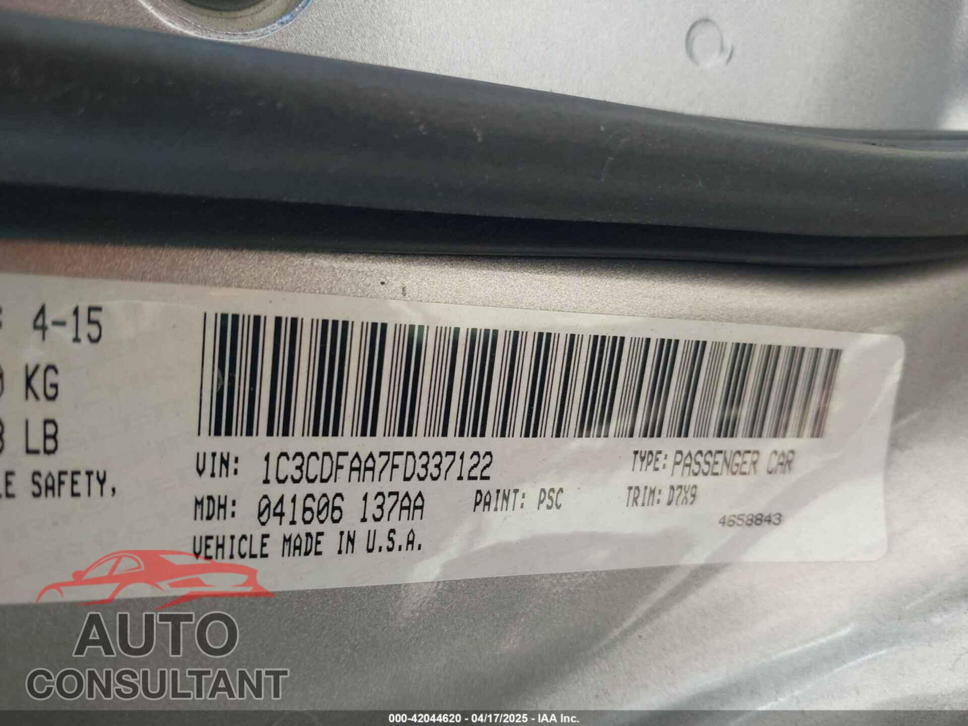 DODGE DART 2015 - 1C3CDFAA7FD337122