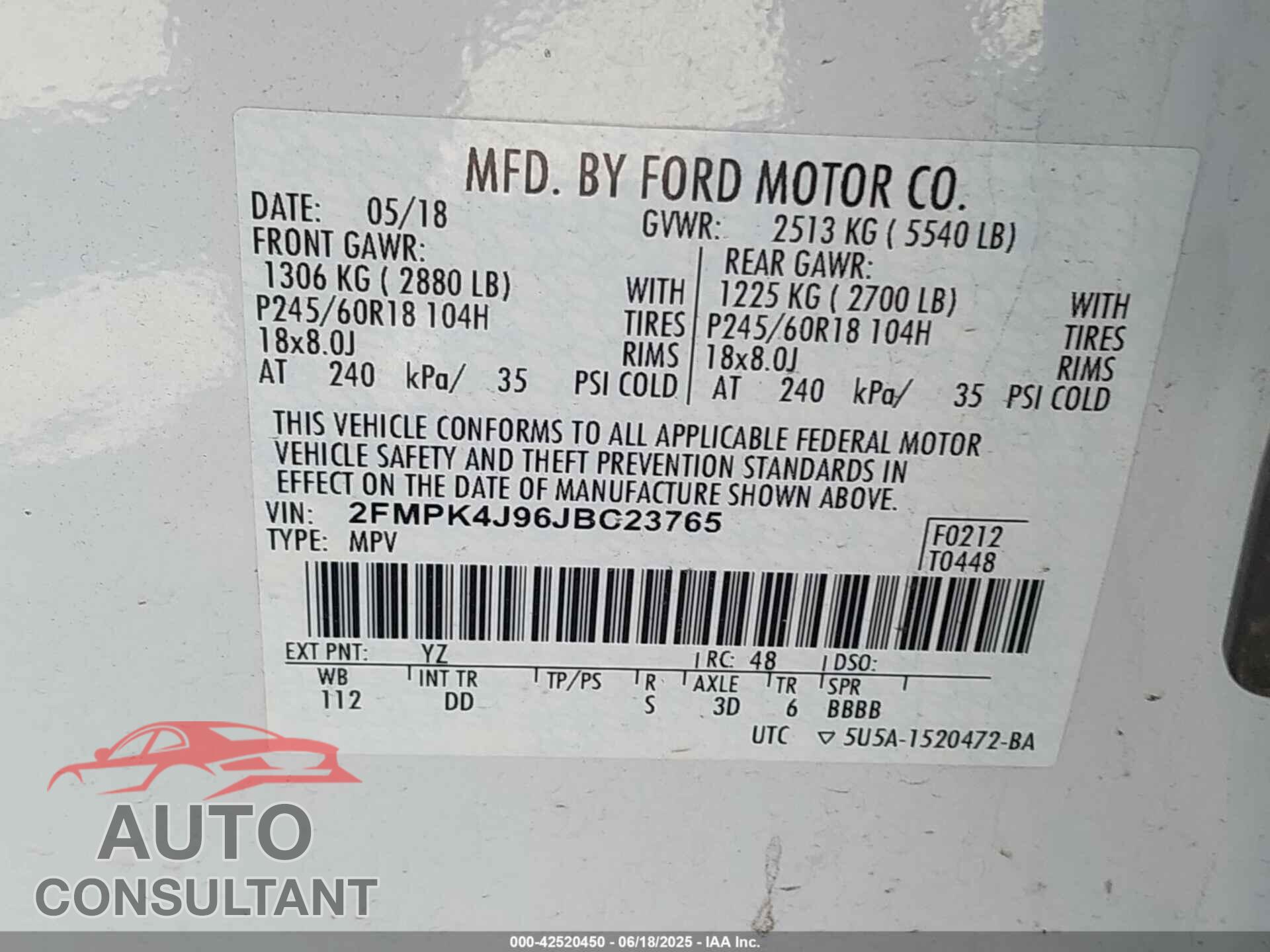 FORD EDGE 2018 - 2FMPK4J96JBC23765