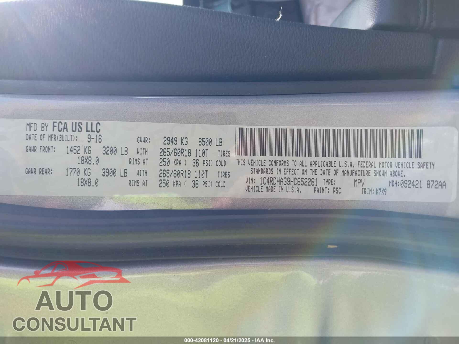 DODGE DURANGO 2017 - 1C4RDHAG9HC652261