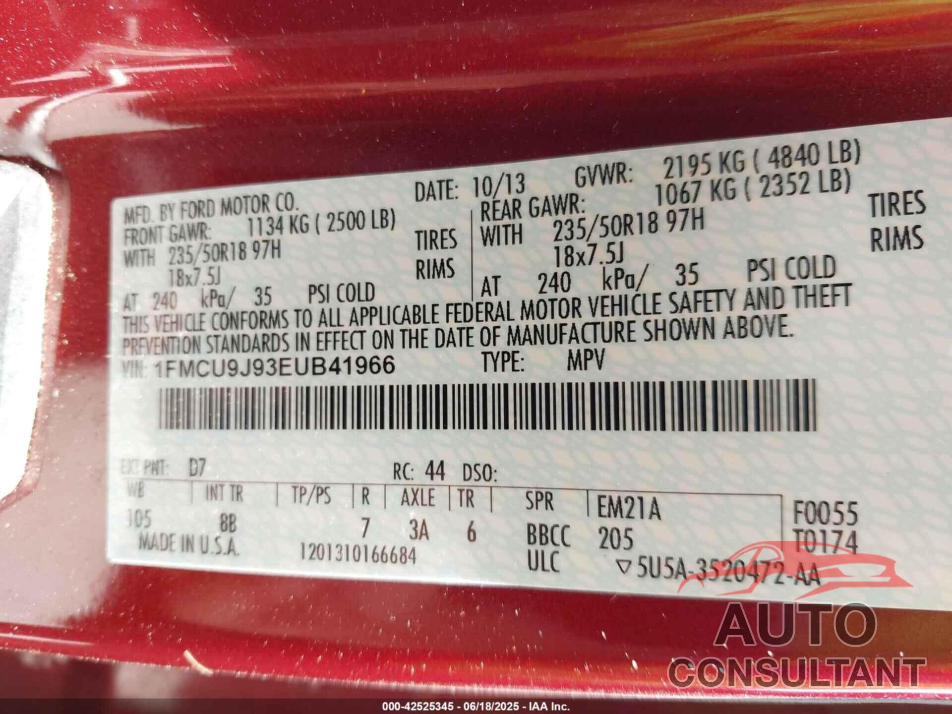 FORD ESCAPE 2014 - 1FMCU9J93EUB41966