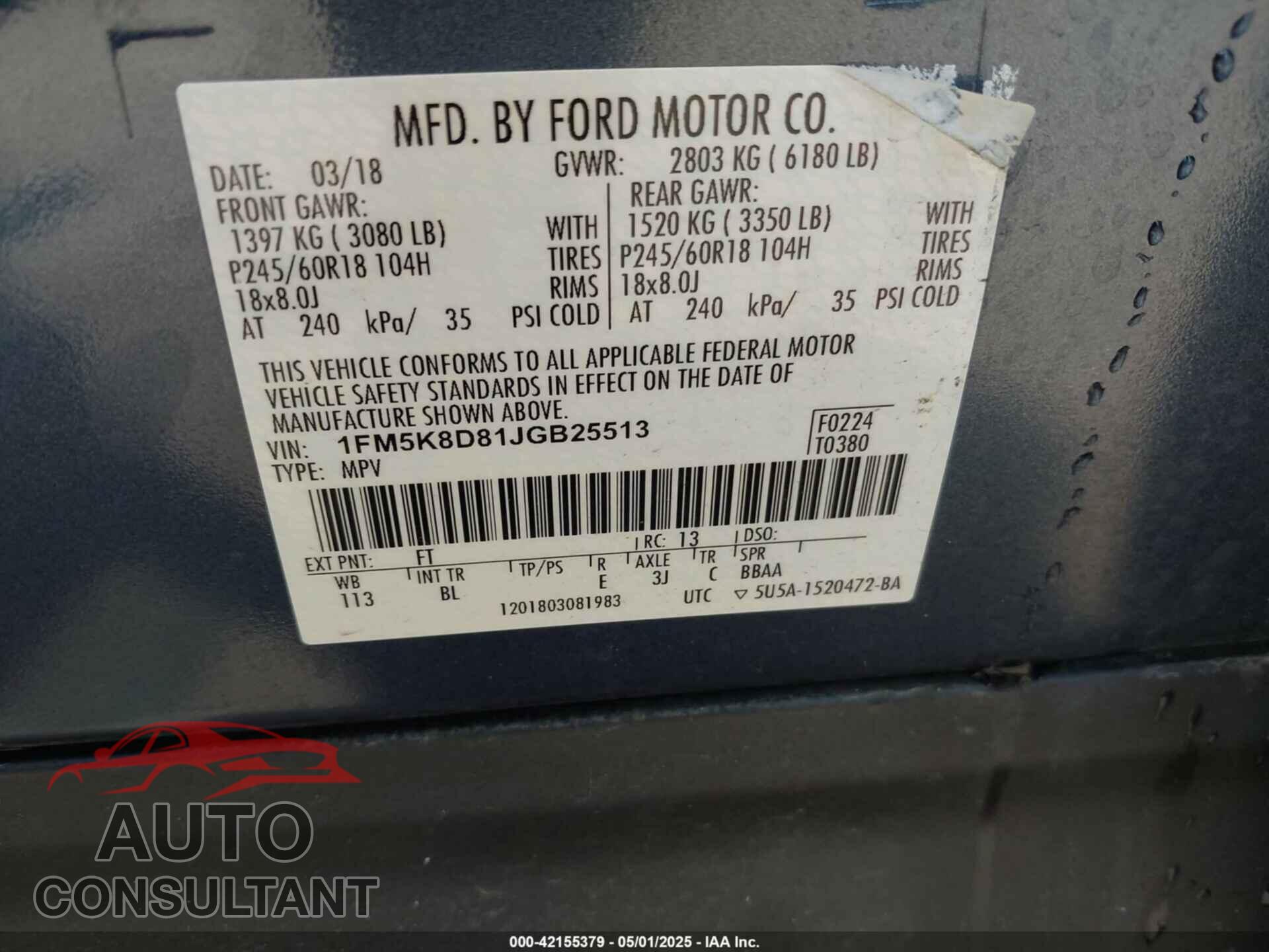 FORD EXPLORER 2018 - 1FM5K8D81JGB25513