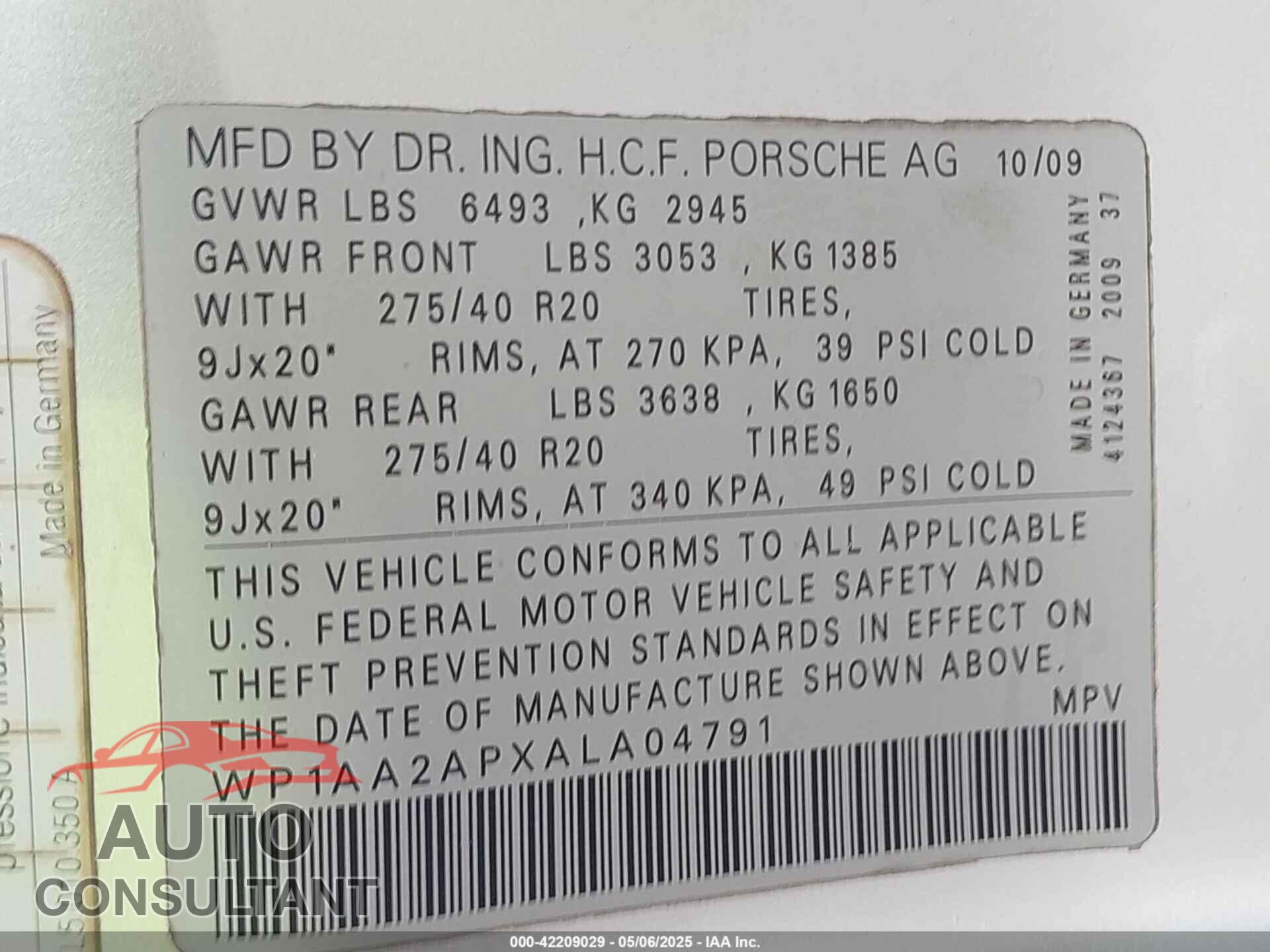 PORSCHE CAYENNE 2010 - WP1AA2APXALA04791