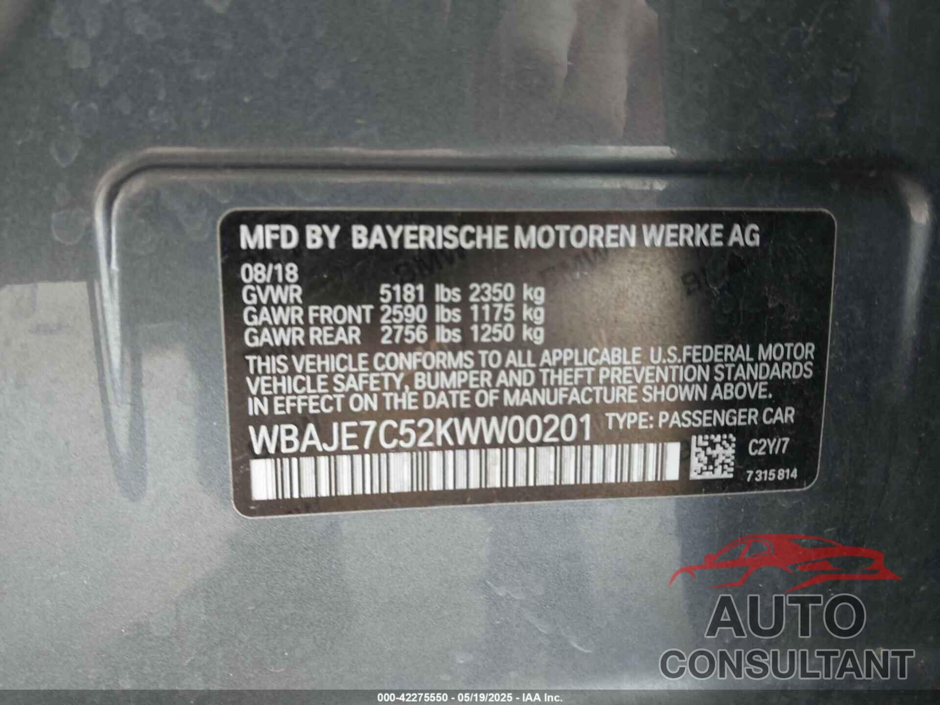 BMW 540I 2019 - WBAJE7C52KWW00201