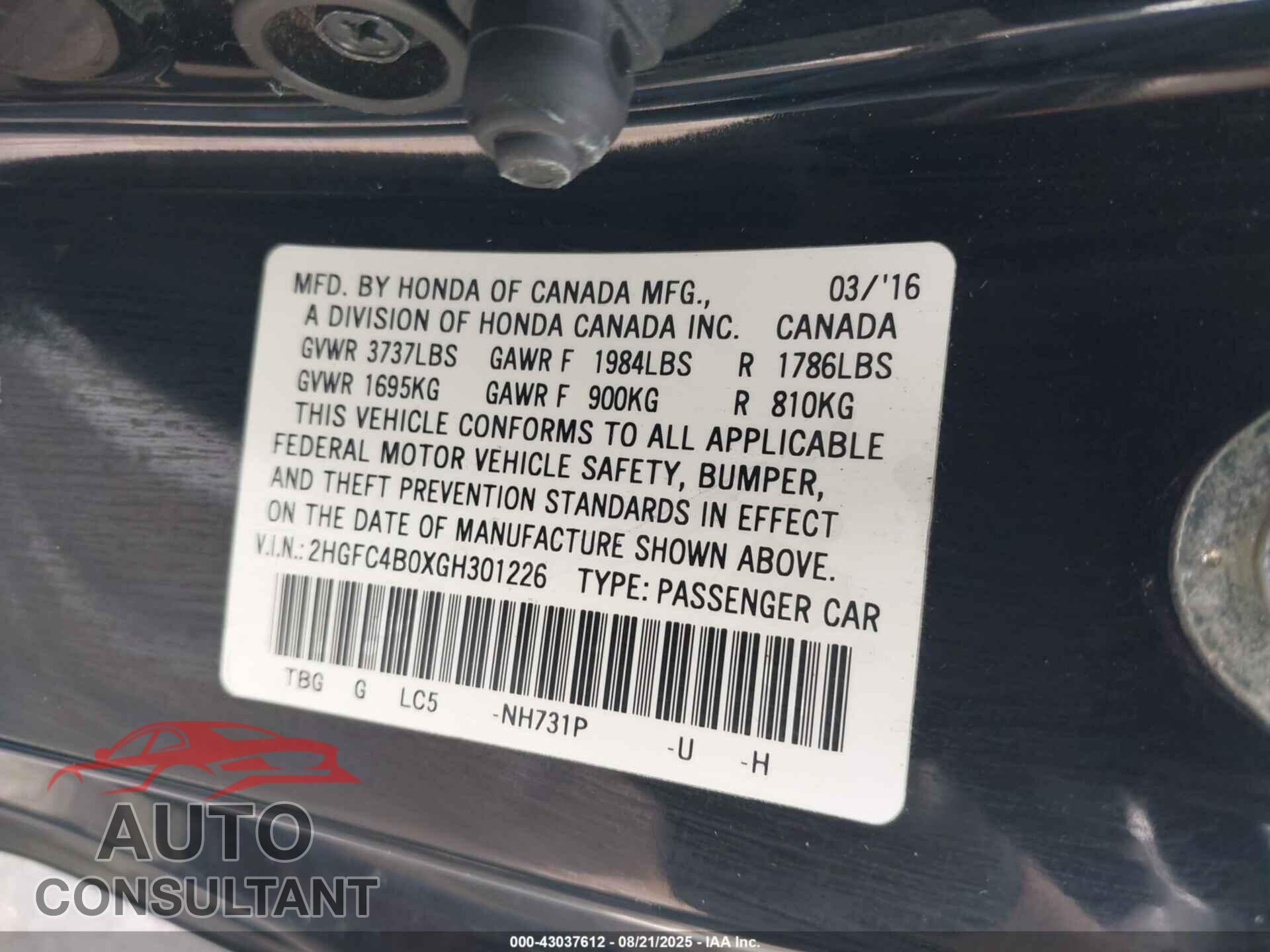 HONDA CIVIC 2016 - 2HGFC4B0XGH301226
