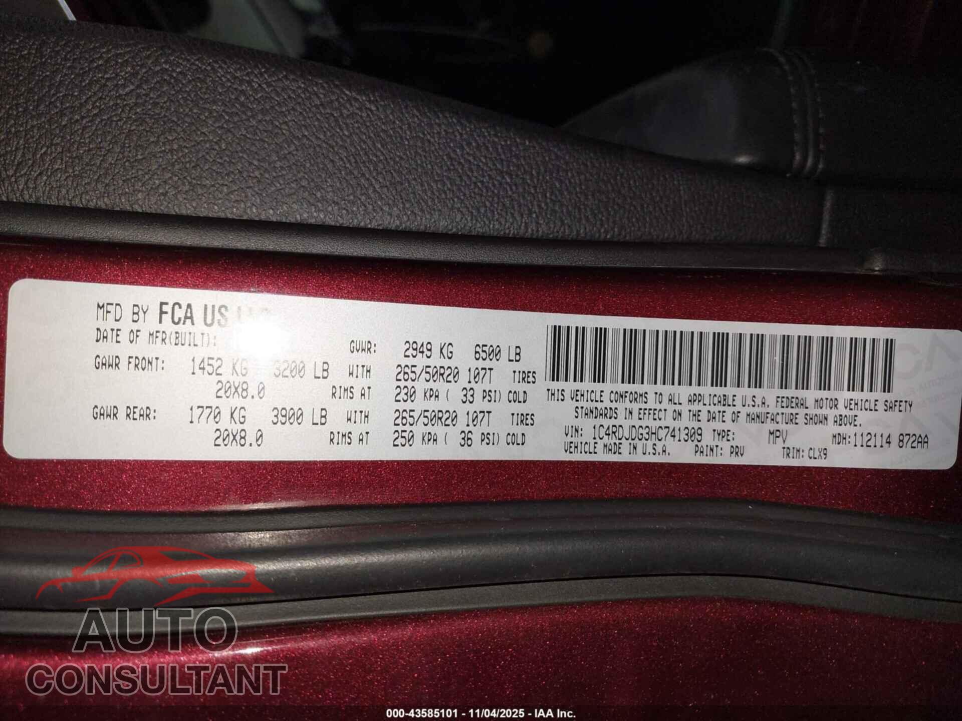 DODGE DURANGO 2017 - 1C4RDJDG3HC741309