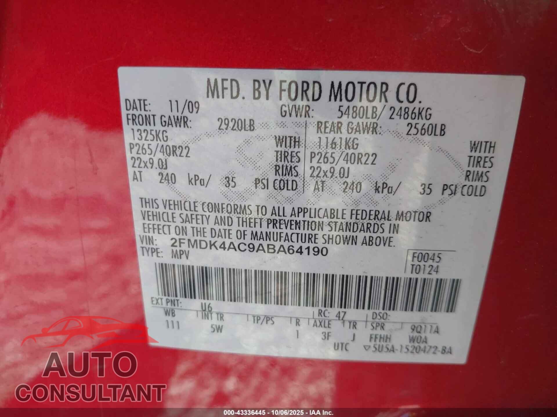 FORD EDGE 2010 - 2FMDK4AC9ABA64190