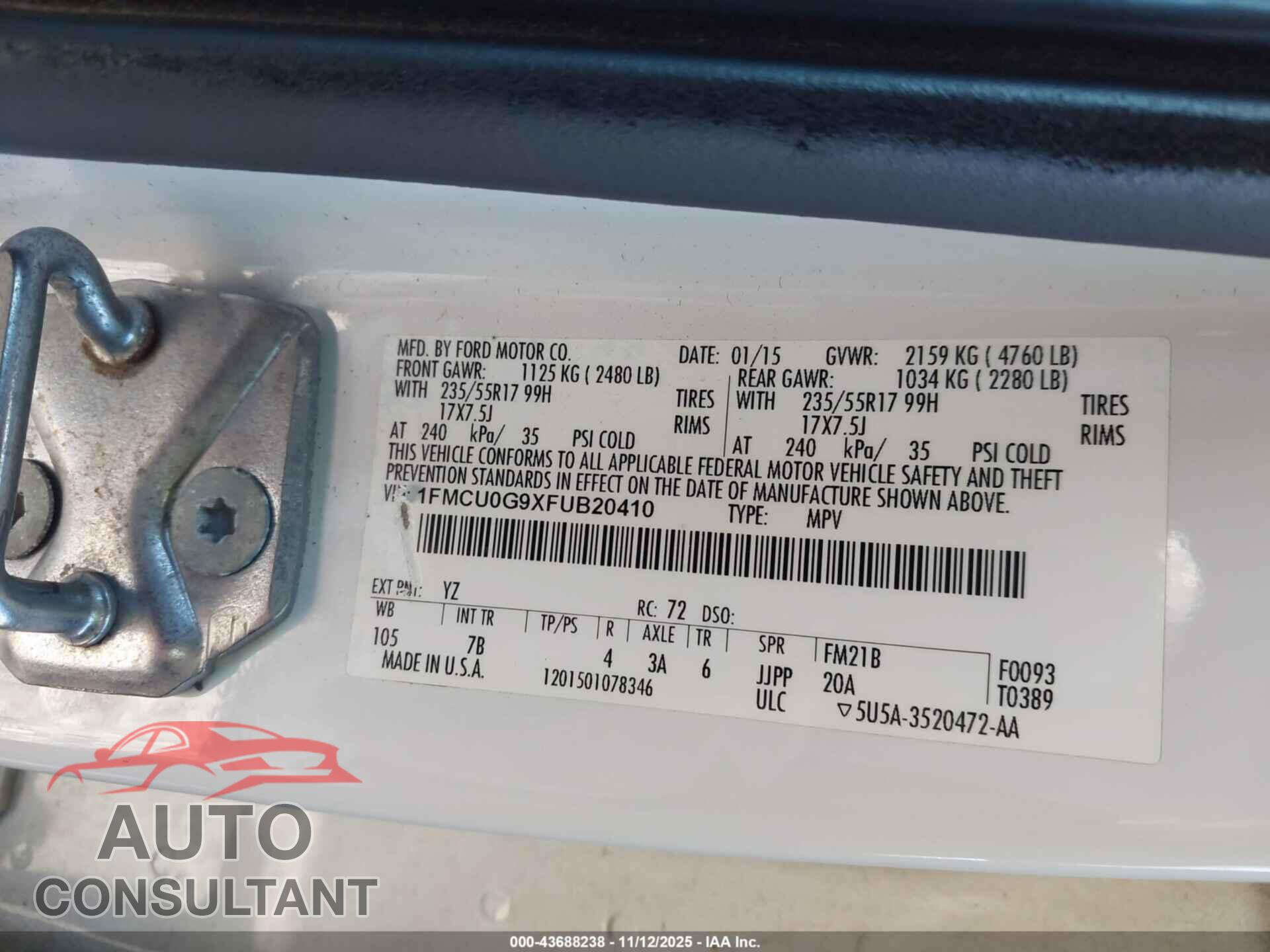 FORD ESCAPE 2015 - 1FMCU0G9XFUB20410