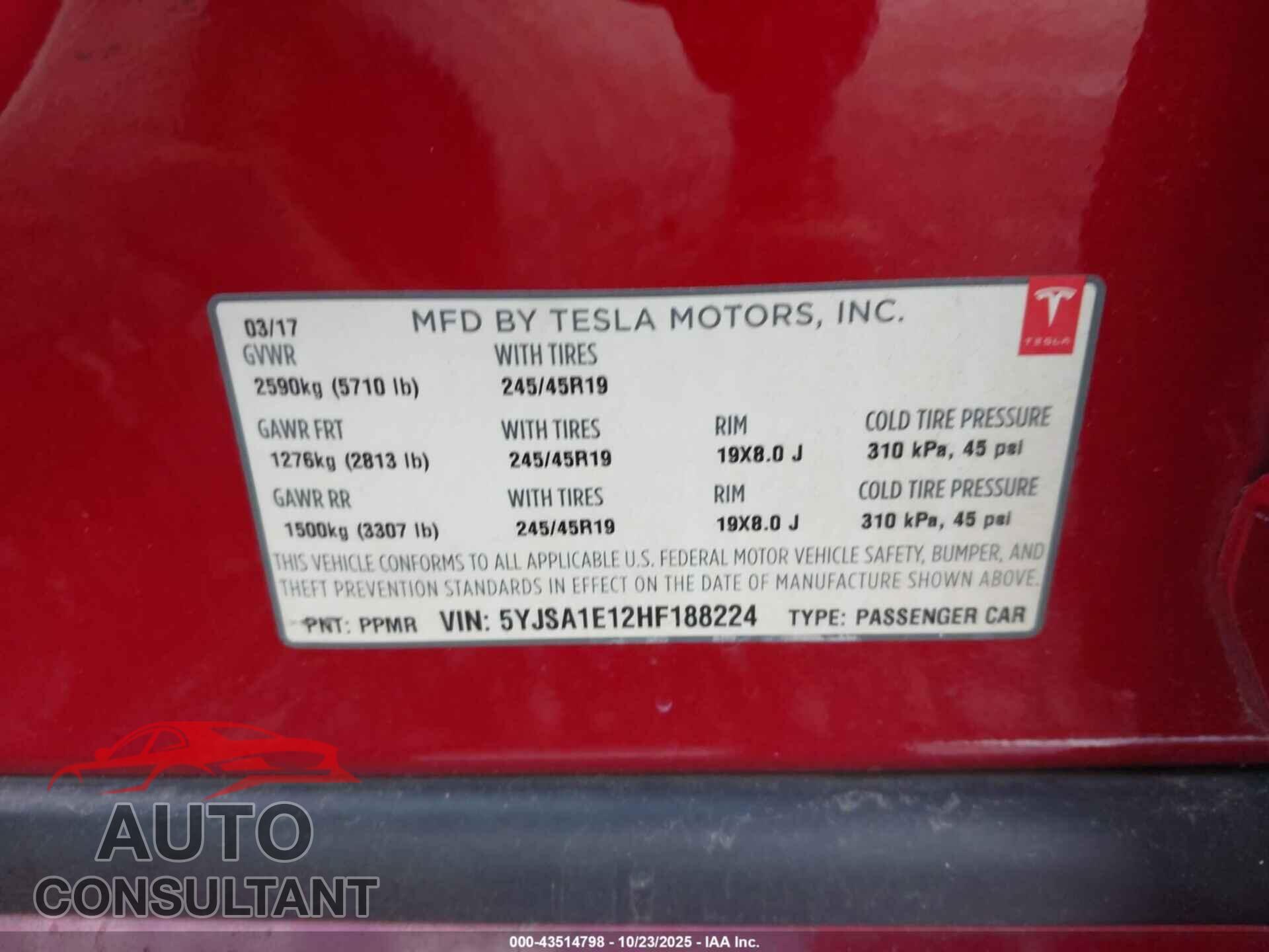 TESLA MODEL S 2017 - 5YJSA1E12HF188224