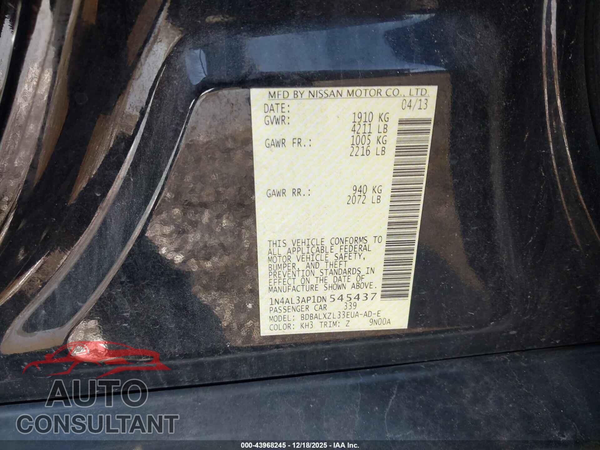 NISSAN ALTIMA 2013 - 1N4AL3AP1DN545437