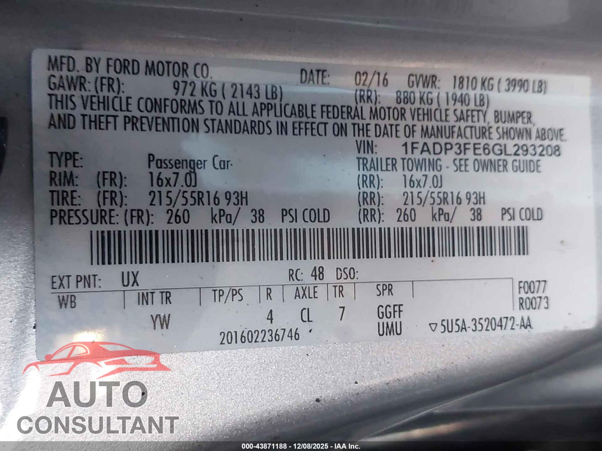 FORD FOCUS 2016 - 1FADP3FE6GL293208