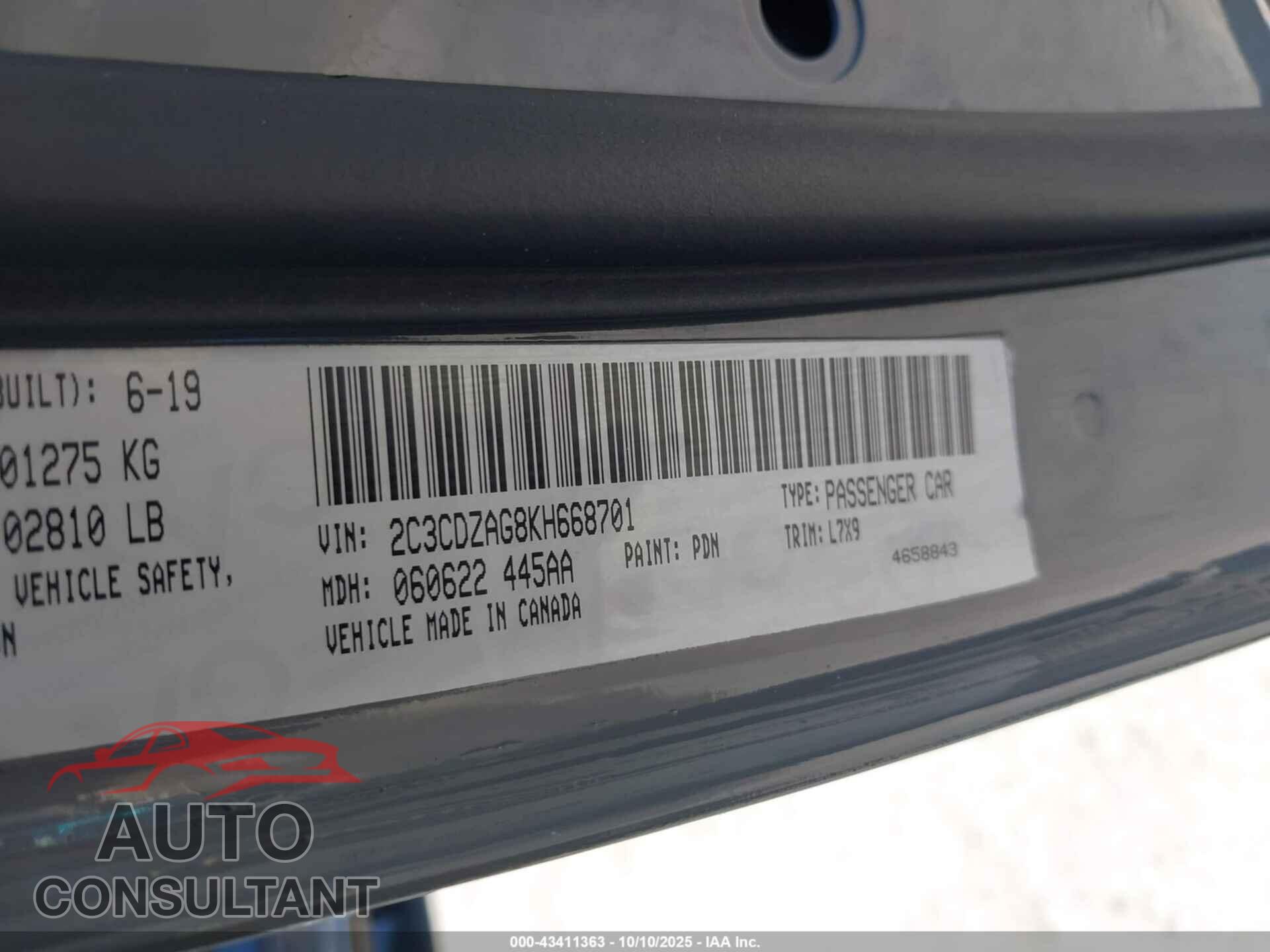 DODGE CHALLENGER 2019 - 2C3CDZAG8KH668701