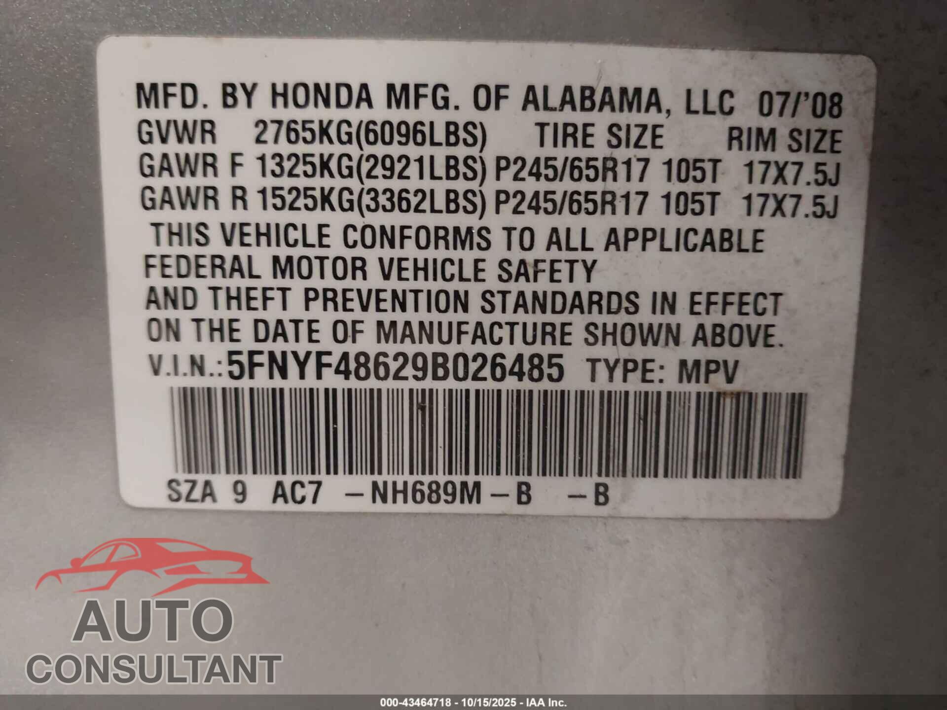 HONDA PILOT 2009 - 5FNYF48629B026485