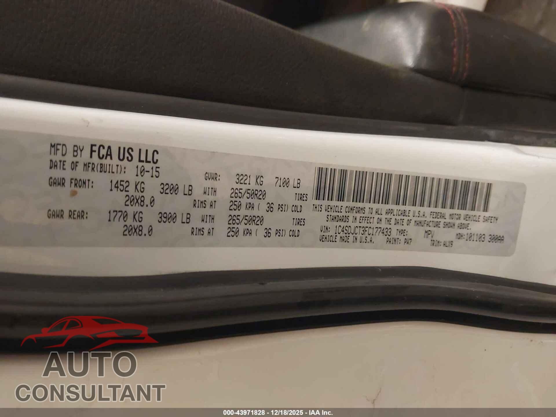 DODGE DURANGO 2015 - 1C4SDJCT3FC177433