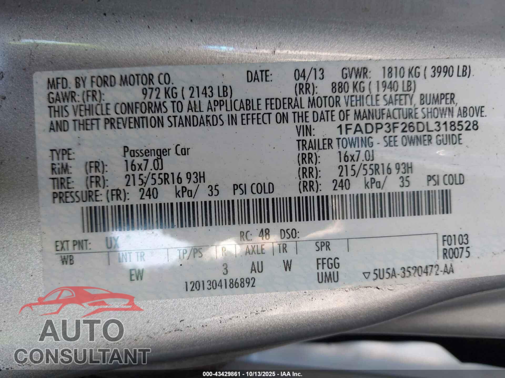FORD FOCUS 2013 - 1FADP3F26DL318528