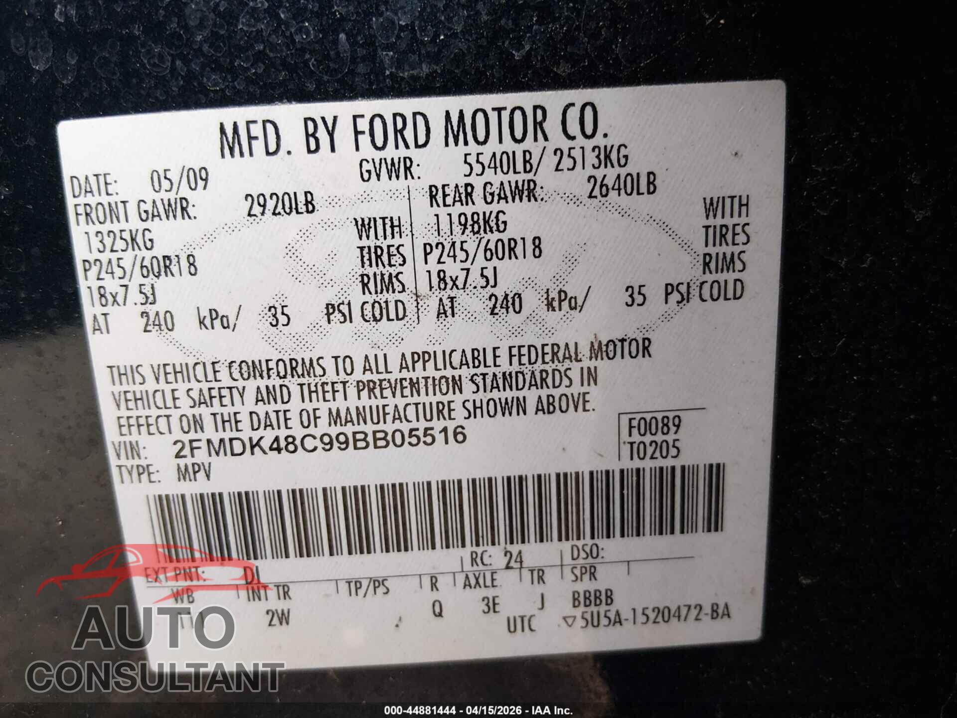 FORD EDGE 2009 - 2FMDK48C99BB05516