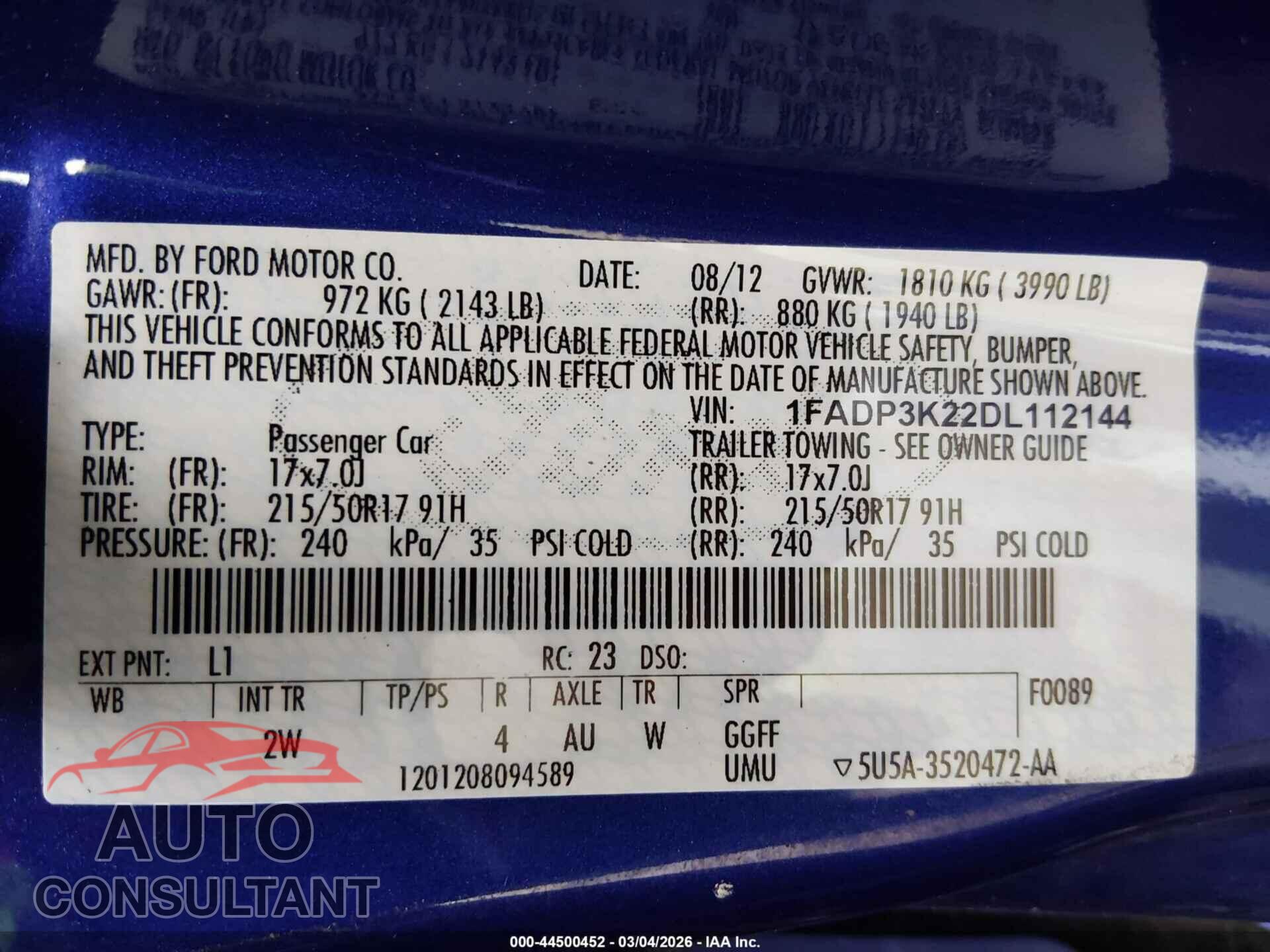 FORD FOCUS 2013 - 1FADP3K22DL112144