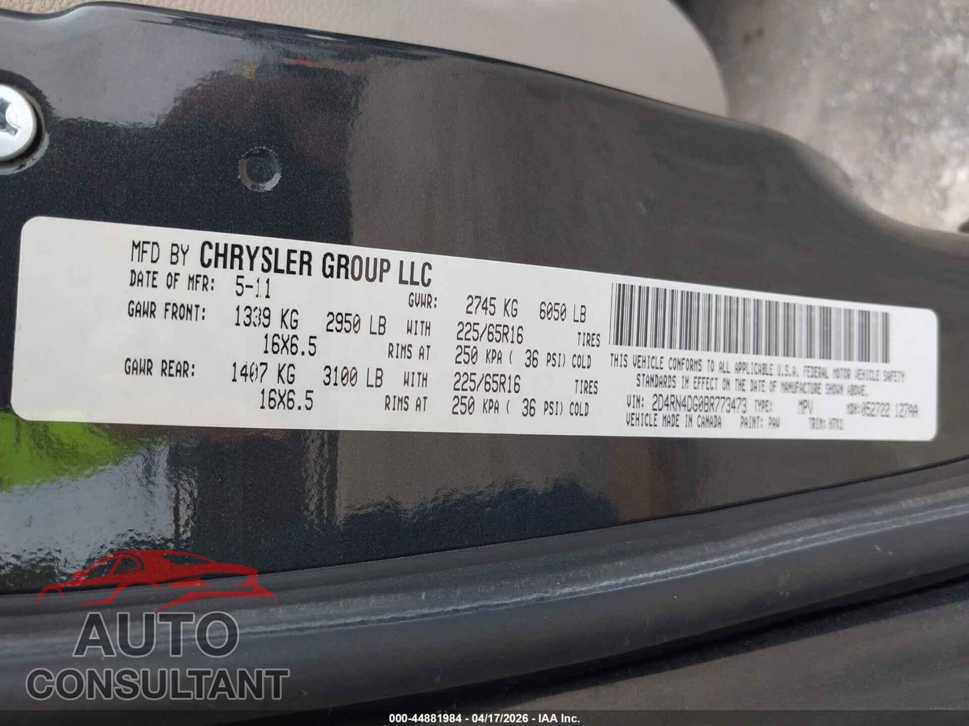 DODGE GRAND CARAVAN 2011 - 2D4RN4DG0BR773473