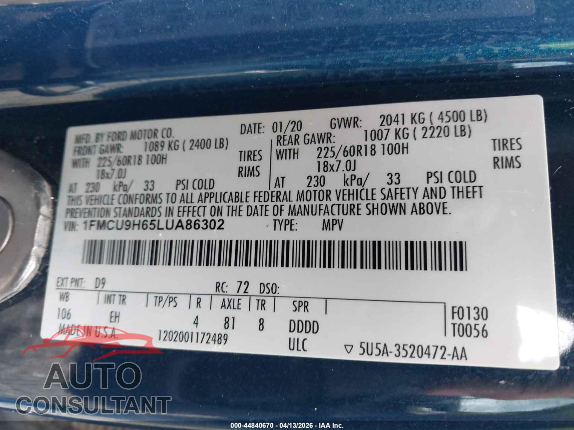 FORD ESCAPE 2020 - 1FMCU9H65LUA86302