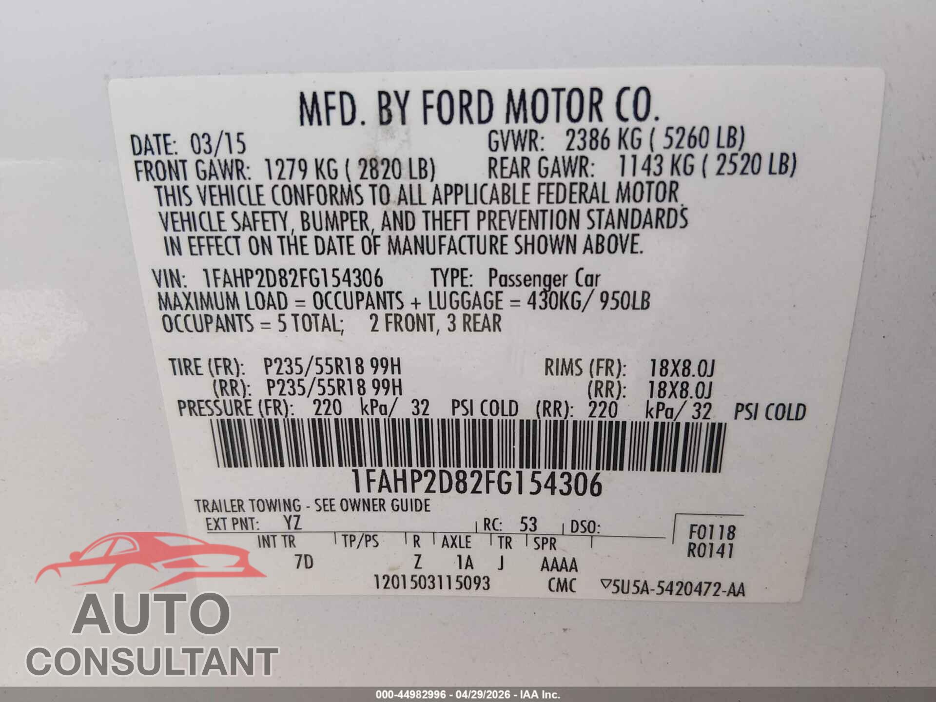 FORD TAURUS 2015 - 1FAHP2D82FG154306