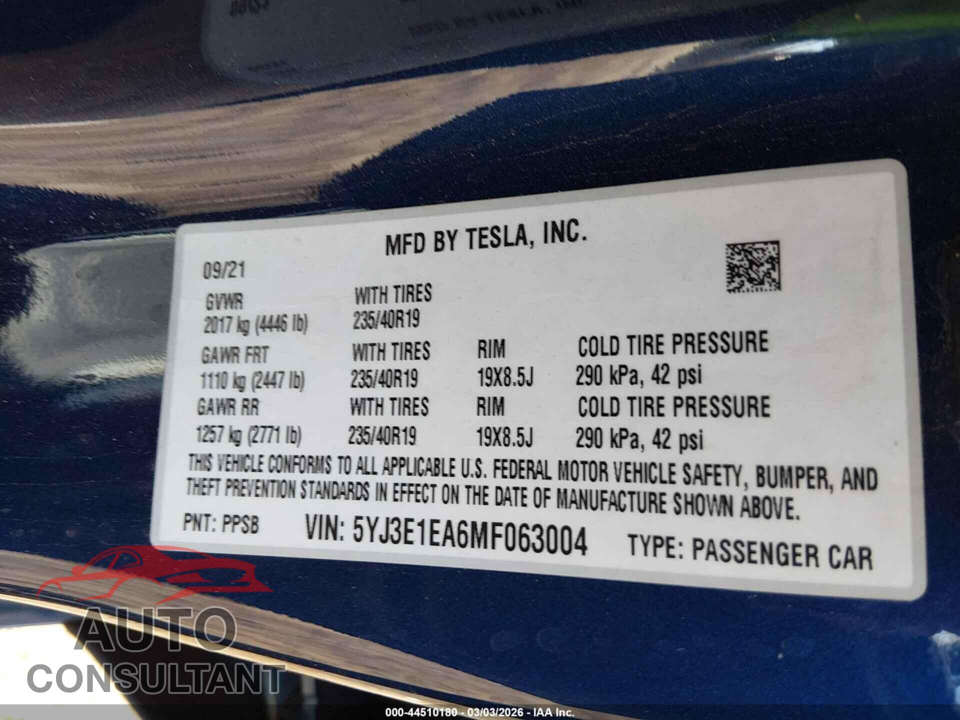 TESLA MODEL 3 2021 - 5YJ3E1EA6MF063004