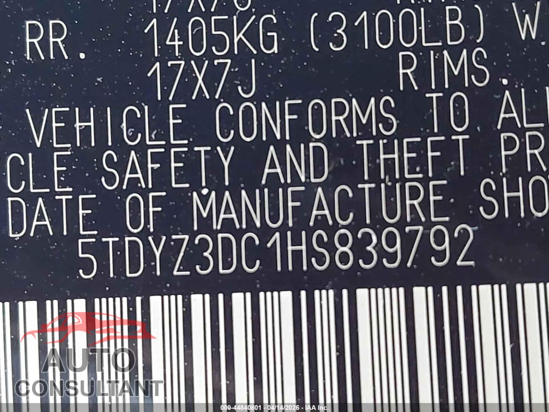 TOYOTA SIENNA 2017 - 5TDYZ3DC1HS839792