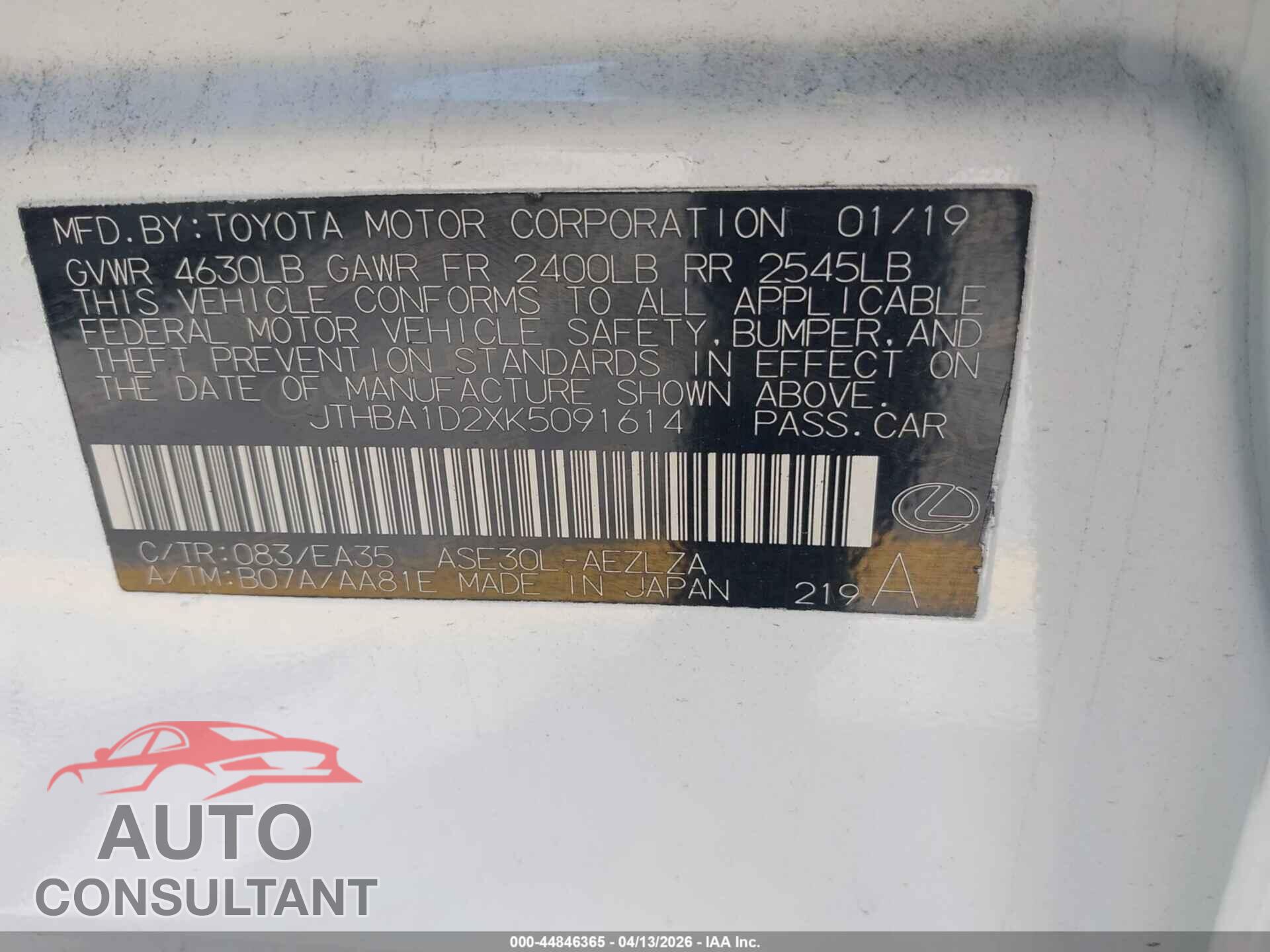 LEXUS IS 300 2019 - JTHBA1D2XK5091614