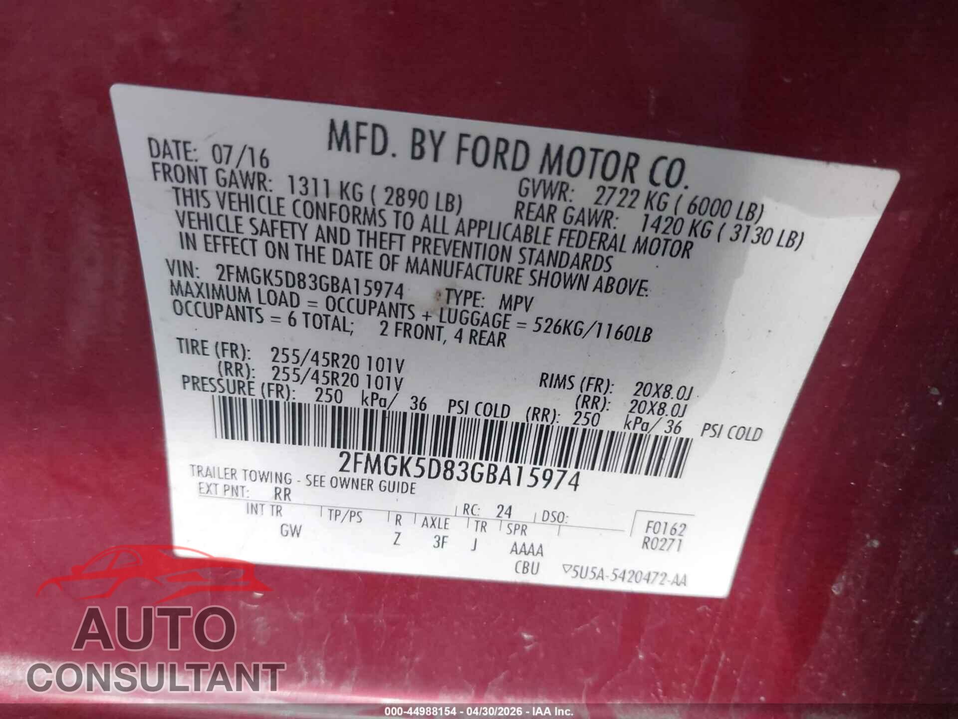 FORD FLEX 2016 - 2FMGK5D83GBA15974