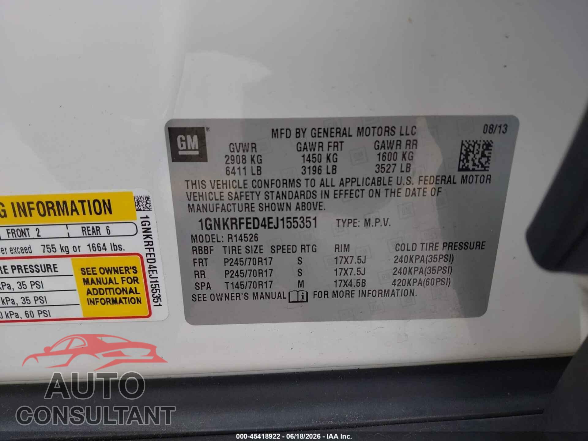 CHEVROLET TRAVERSE 2014 - 1GNKRFED4EJ155351