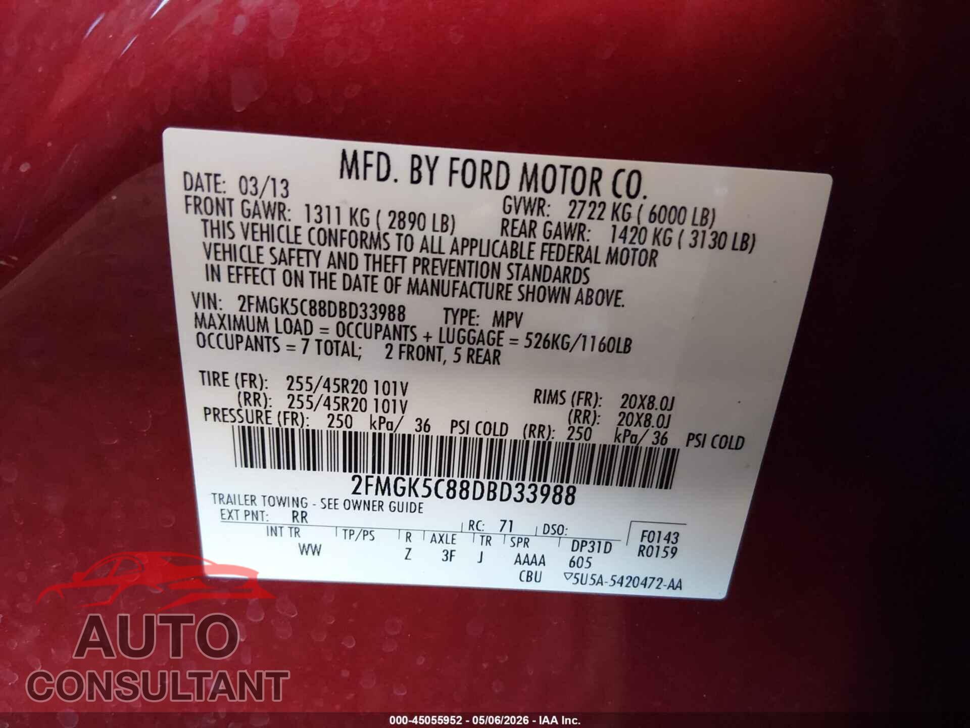 FORD FLEX 2013 - 2FMGK5C88DBD33988