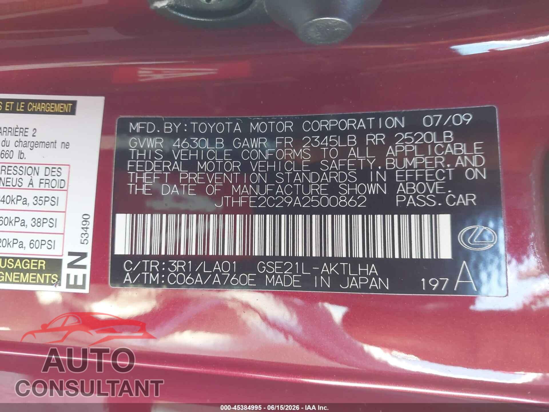 LEXUS IS 350C 2010 - JTHFE2C29A2500862
