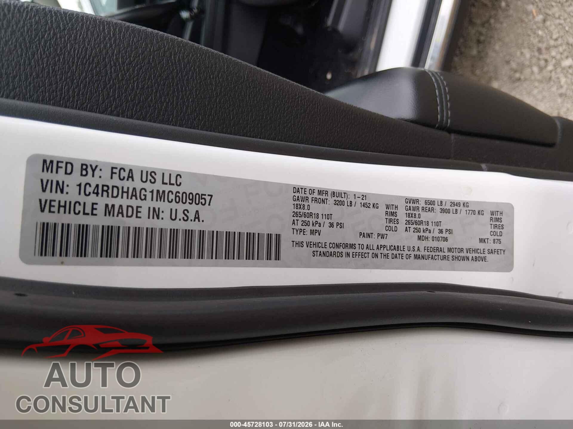 DODGE DURANGO 2021 - 1C4RDHAG1MC609057