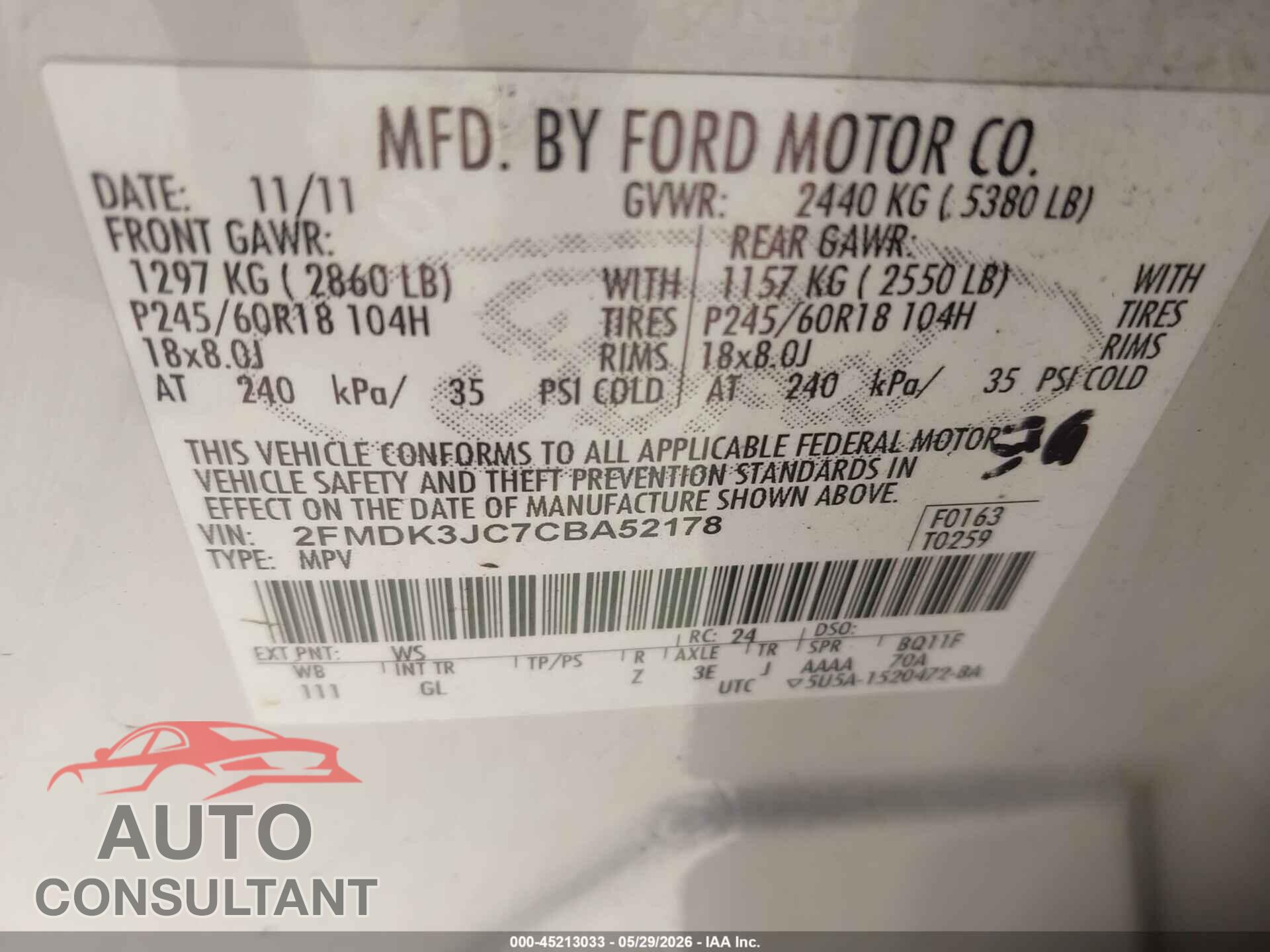 FORD EDGE 2012 - 2FMDK3JC7CBA52178