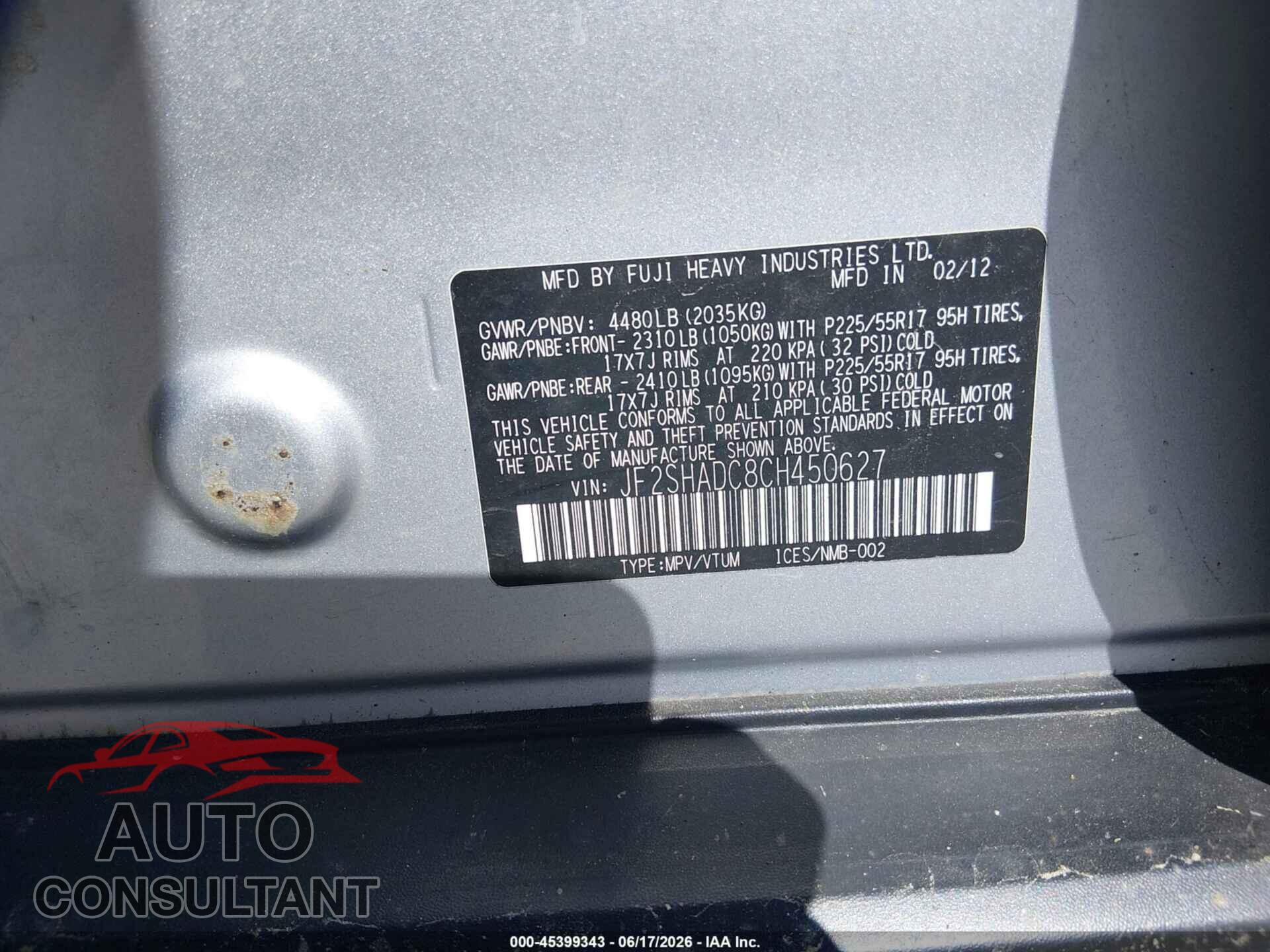 SUBARU FORESTER 2012 - JF2SHADC8CH450627