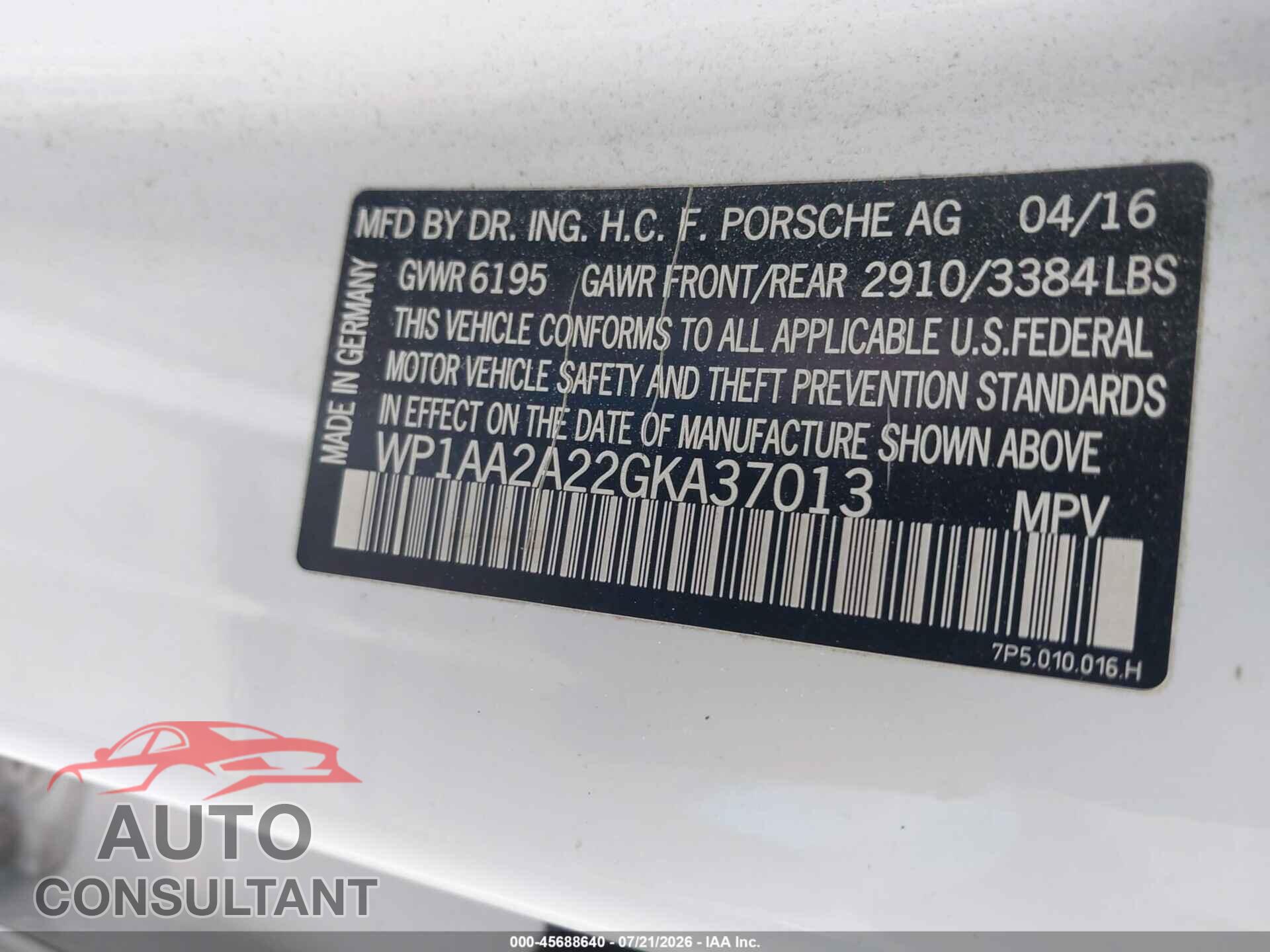 PORSCHE CAYENNE 2016 - WP1AA2A22GKA37013