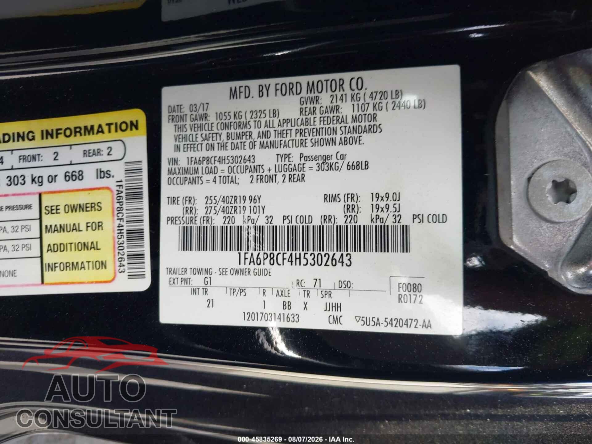 FORD MUSTANG 2017 - 1FA6P8CF4H5302643