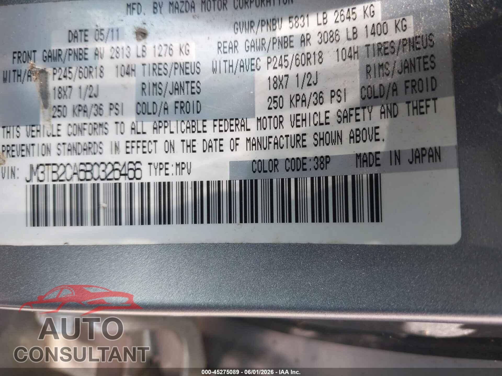 MAZDA CX-9 2011 - JM3TB2CA6B0326466