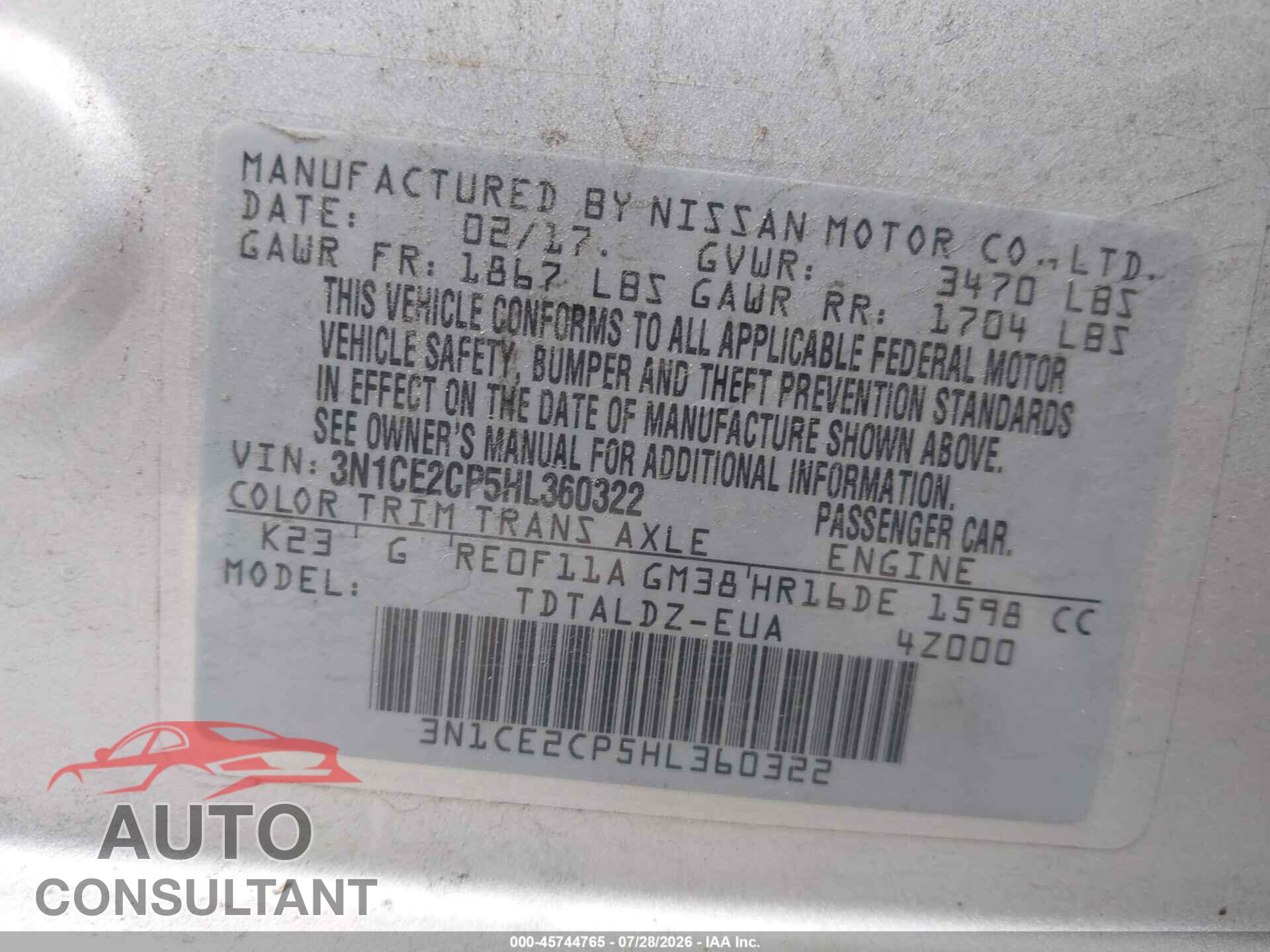 NISSAN VERSA NOTE 2017 - 3N1CE2CP5HL360322