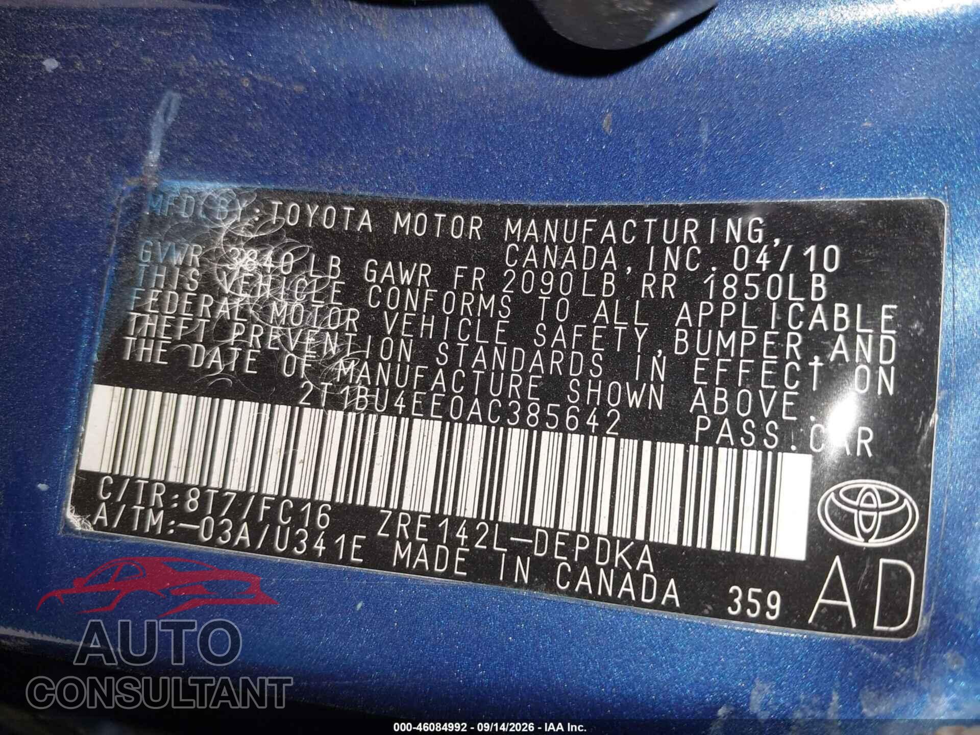 TOYOTA COROLLA 2010 - 2T1BU4EE0AC385642