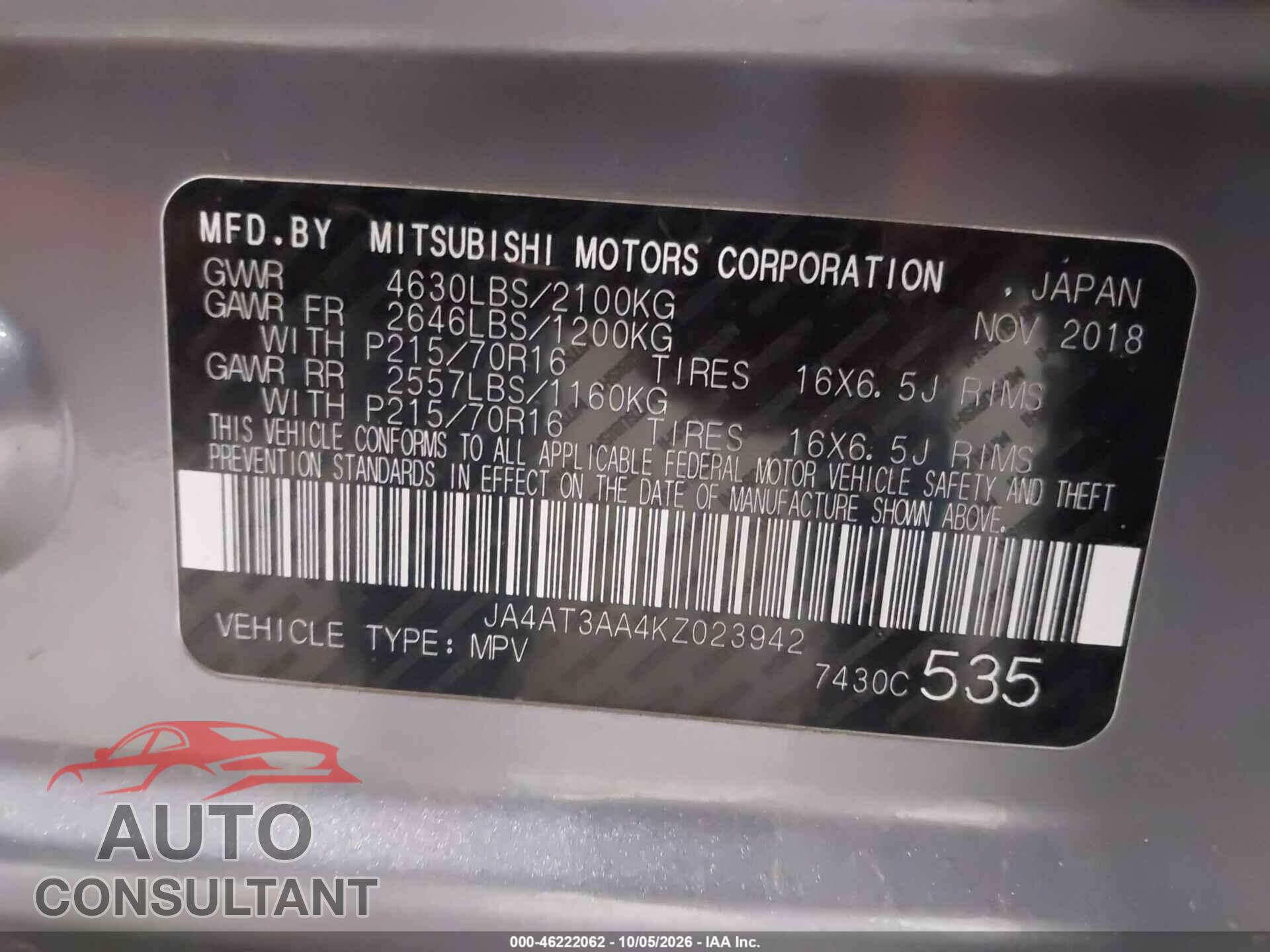 MITSUBISHI ECLIPSE CROSS 2019 - JA4AT3AA4KZ023942