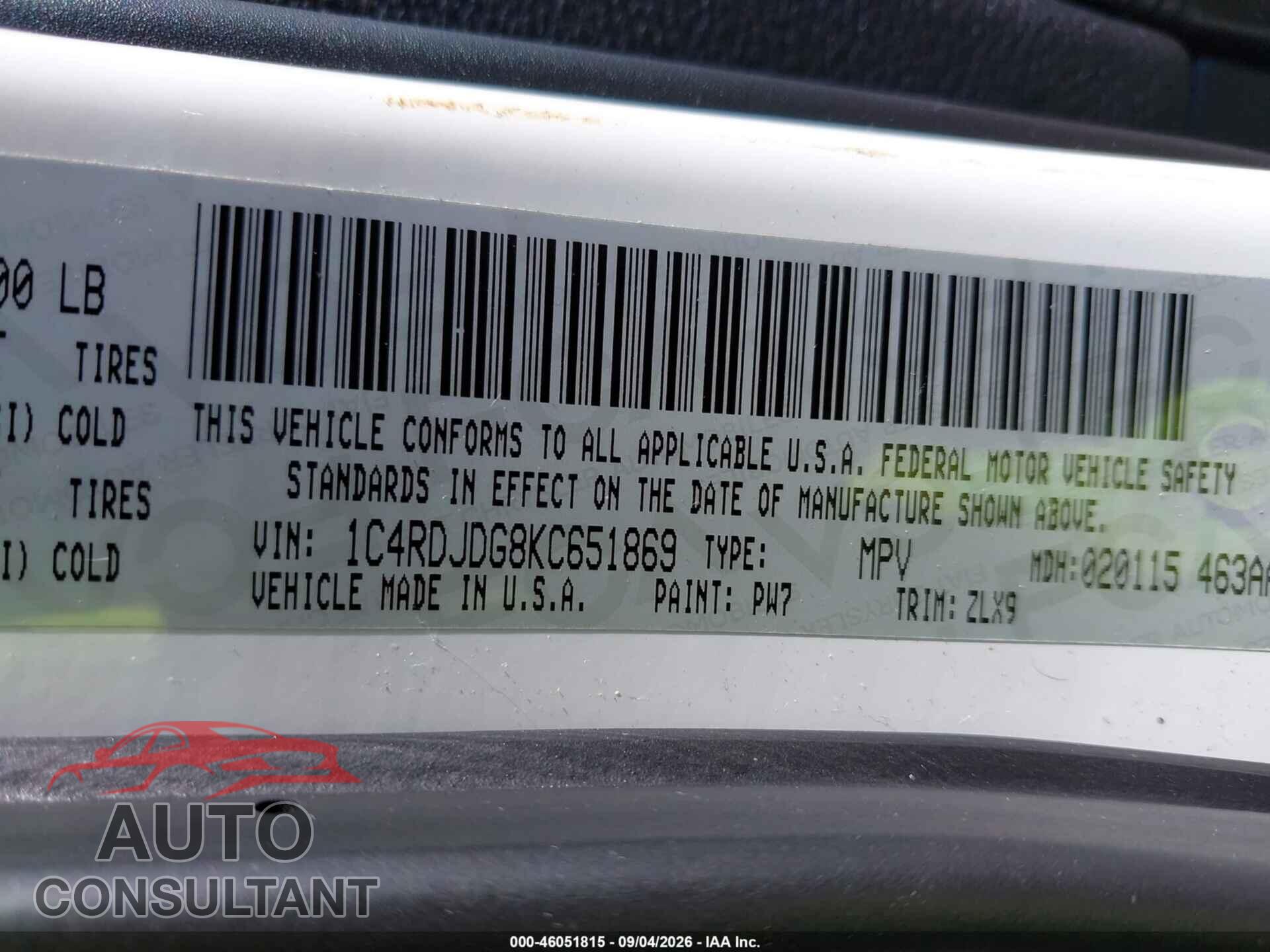 DODGE DURANGO 2019 - 1C4RDJDG8KC651869