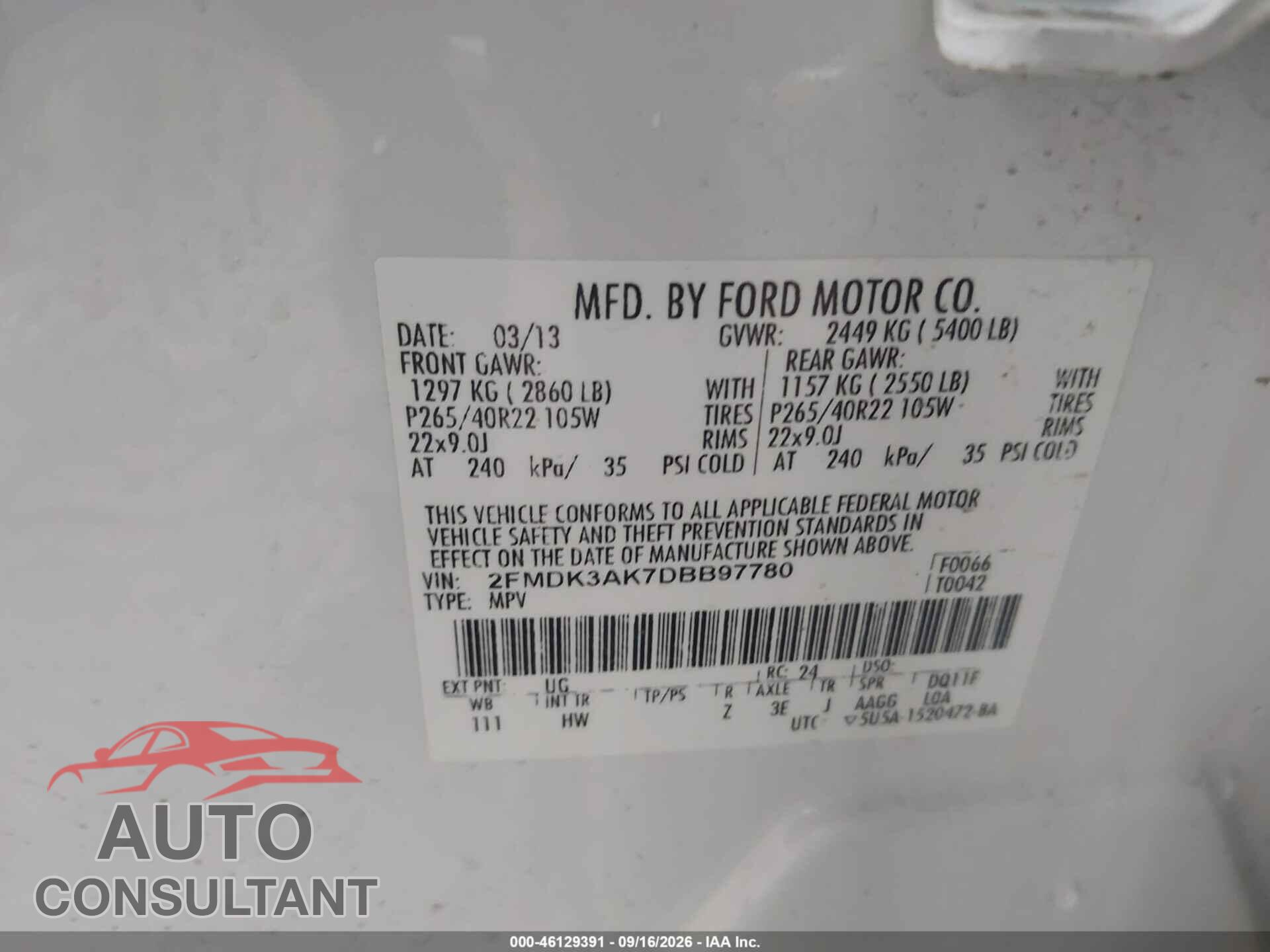 FORD EDGE 2013 - 2FMDK3AK7DBB97780