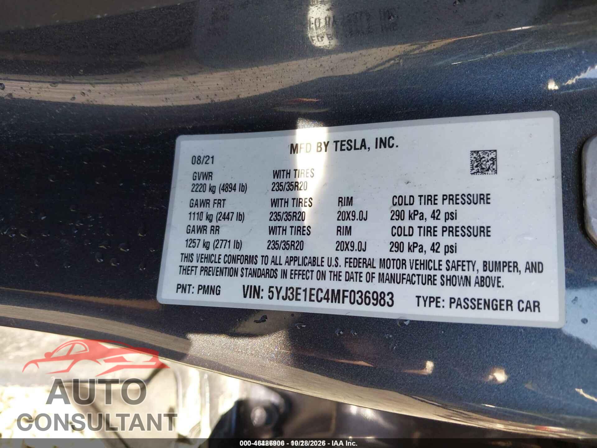 TESLA MODEL 3 2021 - 5YJ3E1EC4MF036983