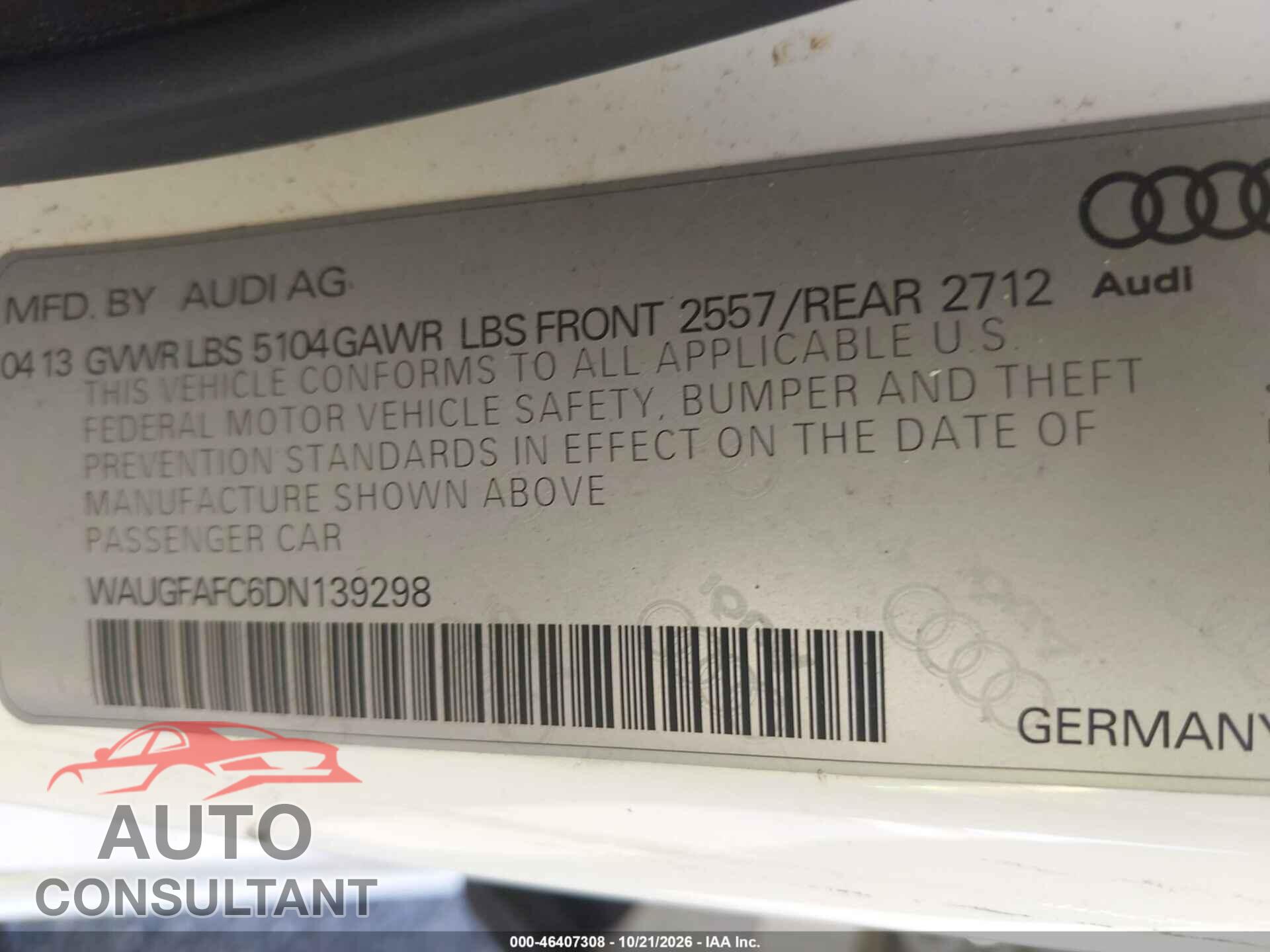 AUDI A6 2013 - WAUGFAFC6DN139298