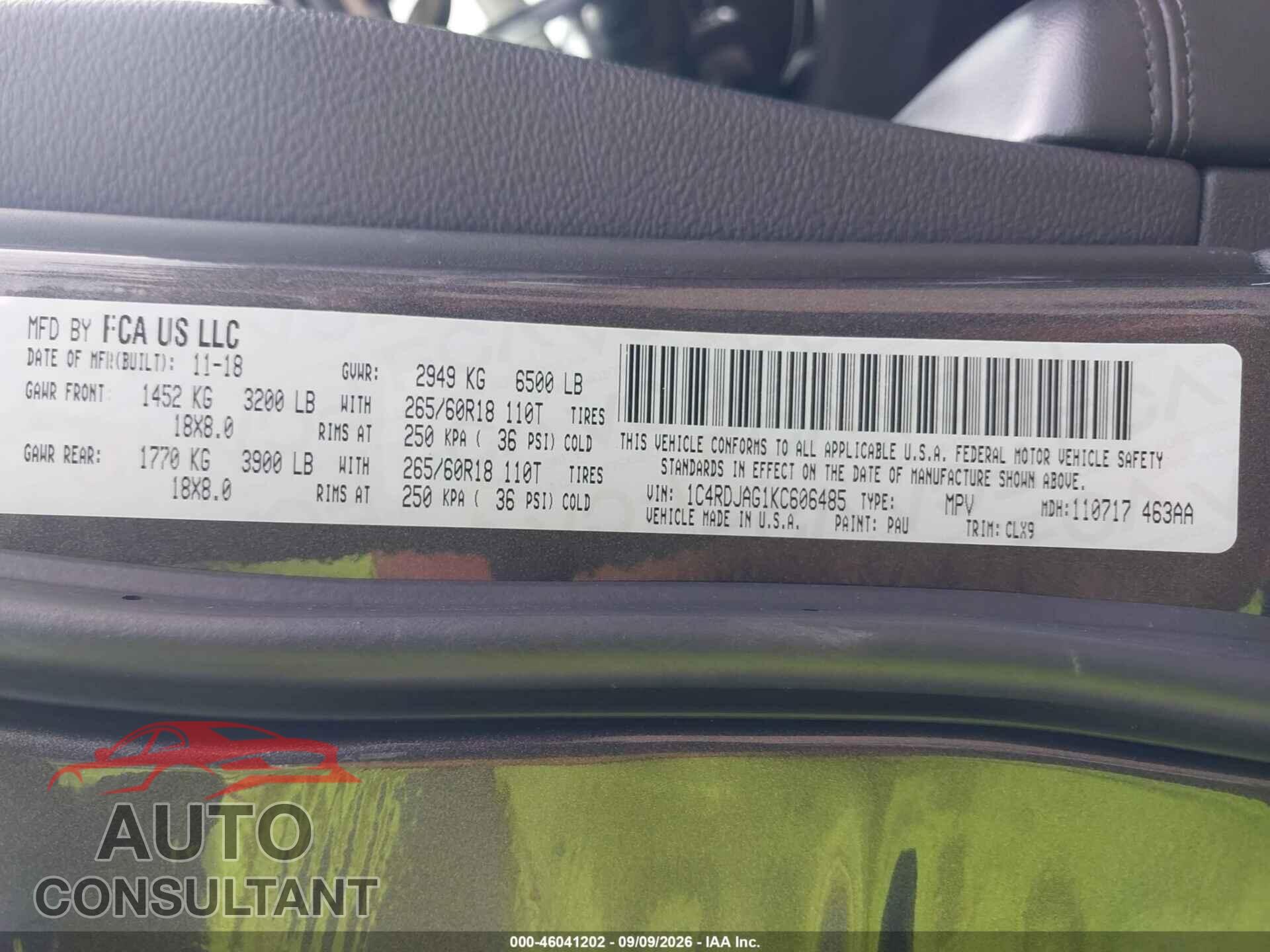 DODGE DURANGO 2019 - 1C4RDJAG1KC606485