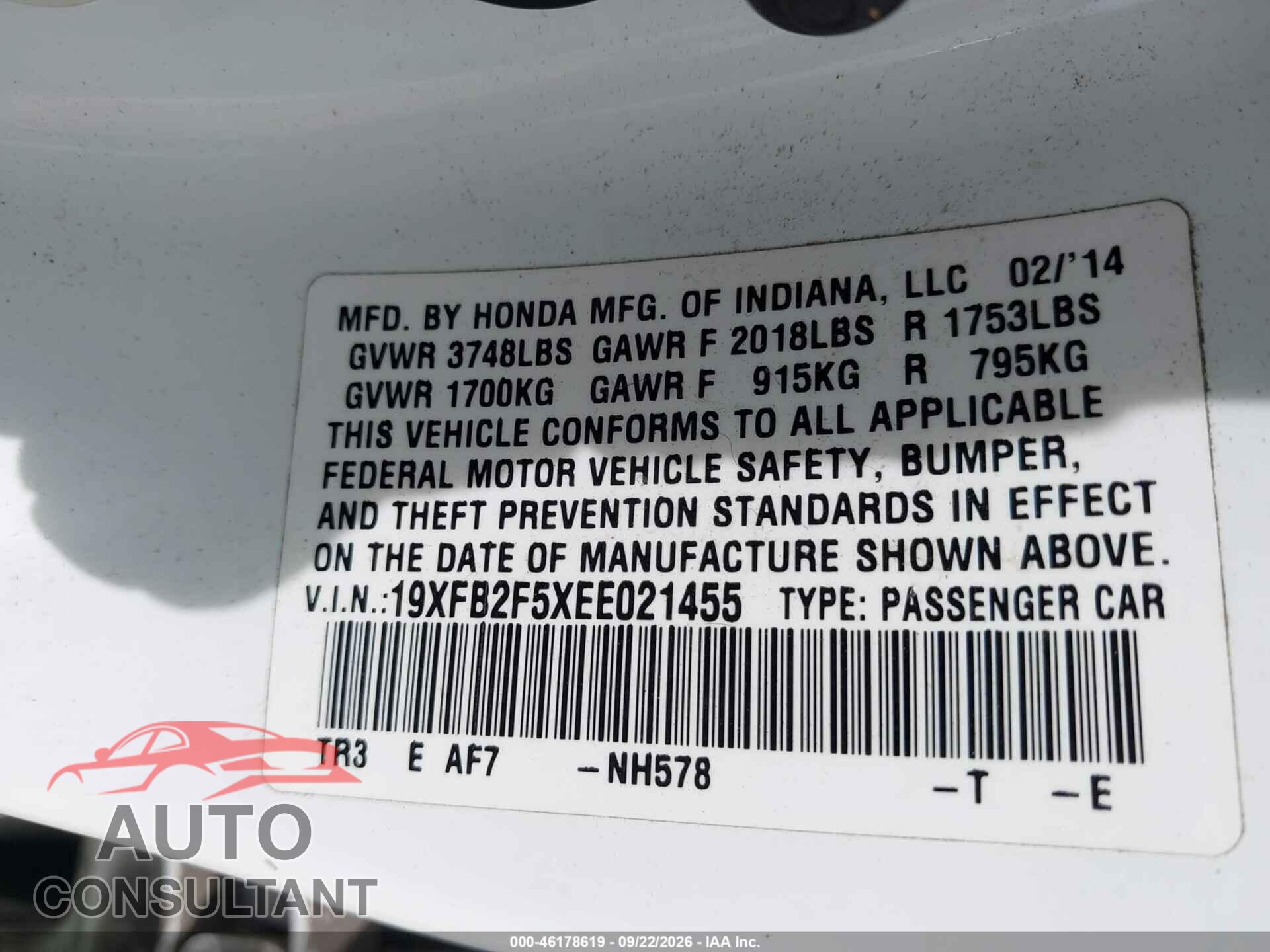 HONDA CIVIC 2014 - 19XFB2F5XEE021455