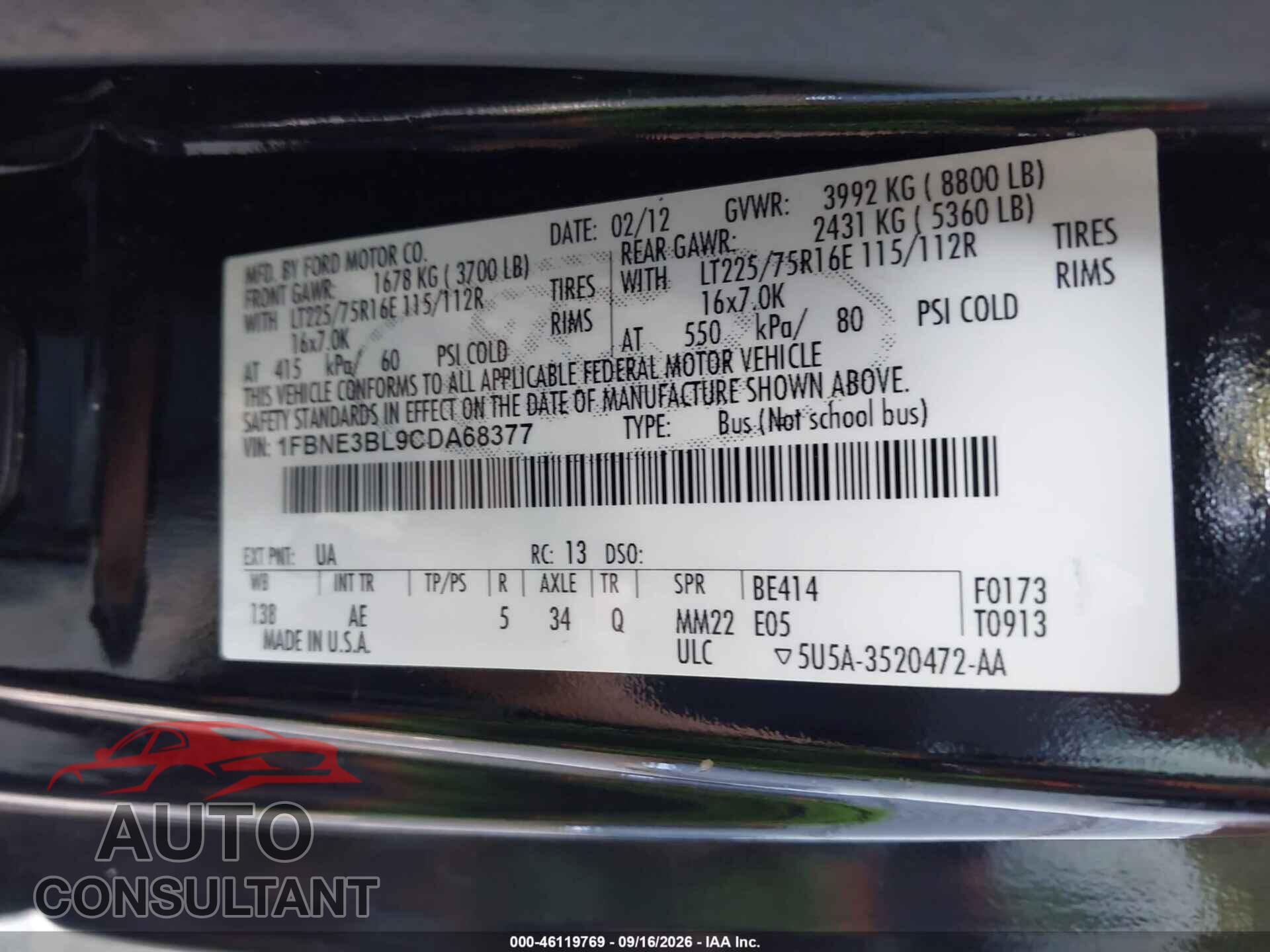 FORD E-350 SUPER DUTY 2012 - 1FBNE3BL9CDA68377